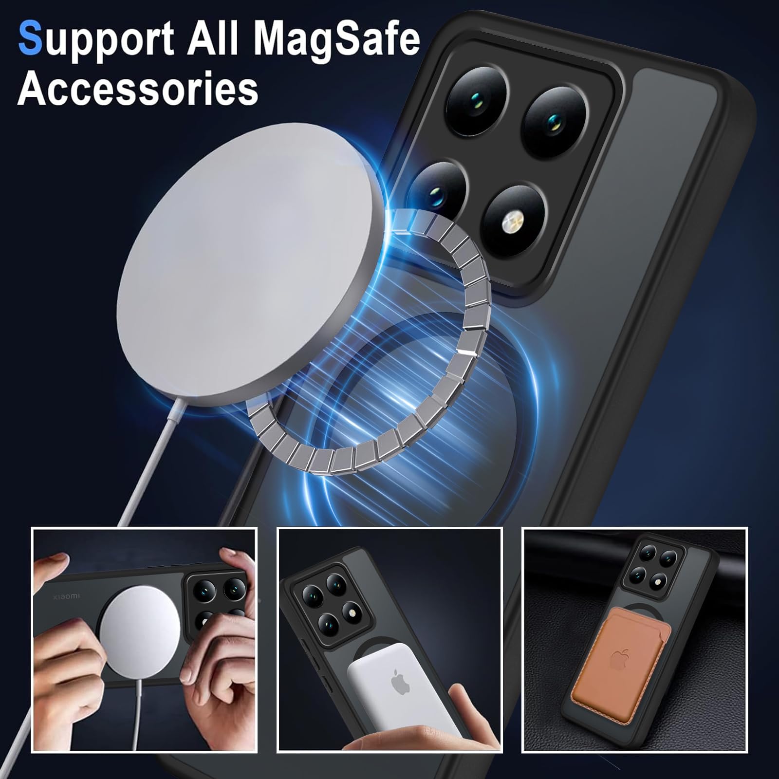 Custodia Magnetica Per Xiaomi 14T Pro – Compatibile MagSafe, Sottile, Antiscivolo, Effetto Satinato Dotted, Nera, Con Bordi Antiurto