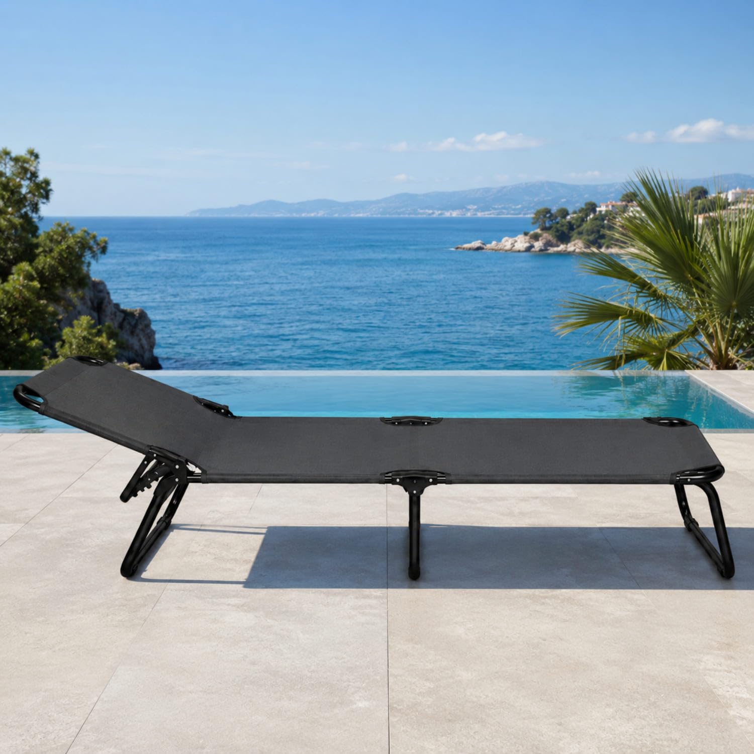 Lettino Pieghevole Prendisole Schienale Reclinabile Struttura Metallo Nero 187x53x24 cm Grigio Scuro