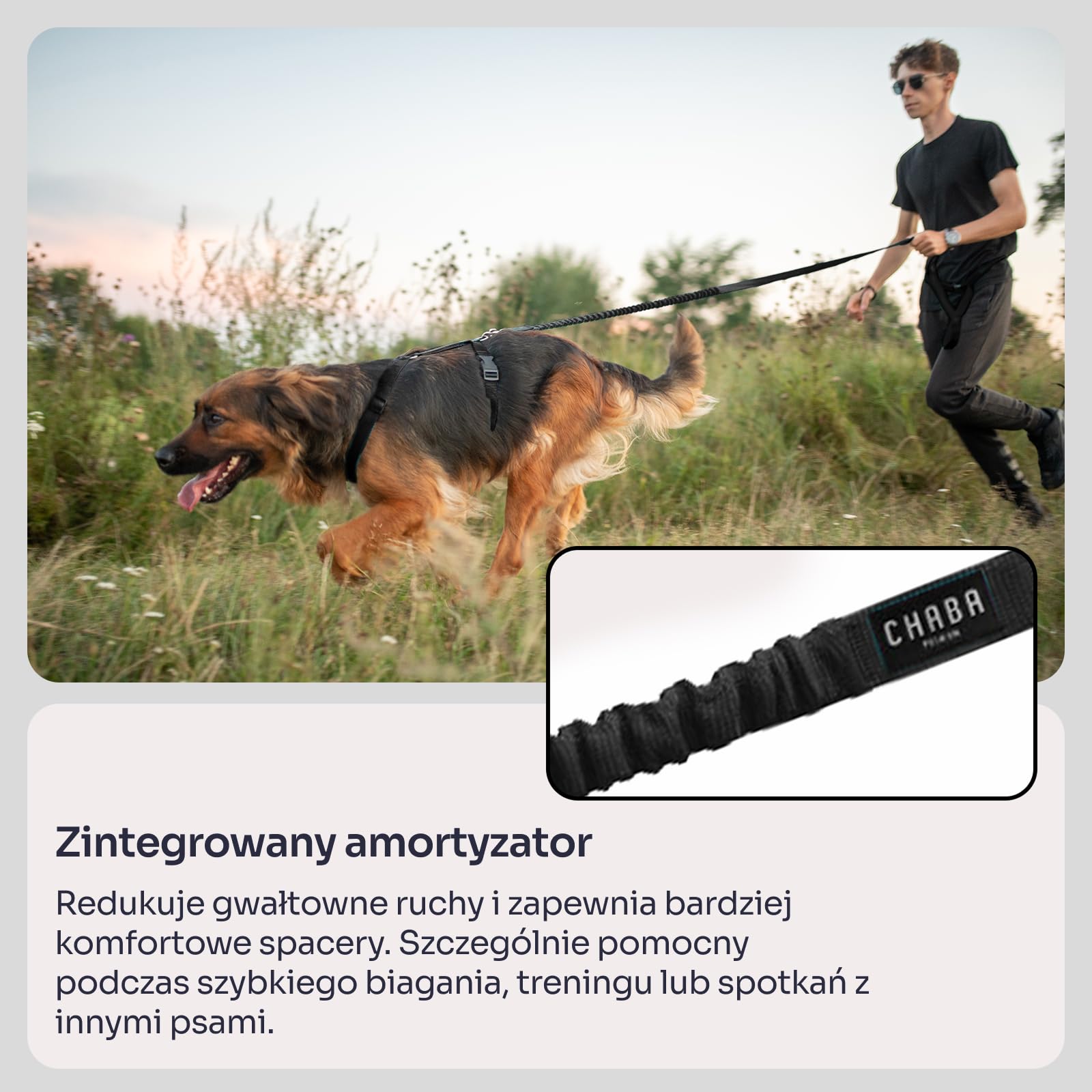 Chaba Smycz dla Średniego i Dużego Psa z Amortyzatorem i Pasem Biodrowym | Regulowana 2.8-3.8m | Szerokość 2.5cm | Redukująca Efekty Szarpnięć | Do Biegania | 3 Możliwości Noszenia | CZARNA