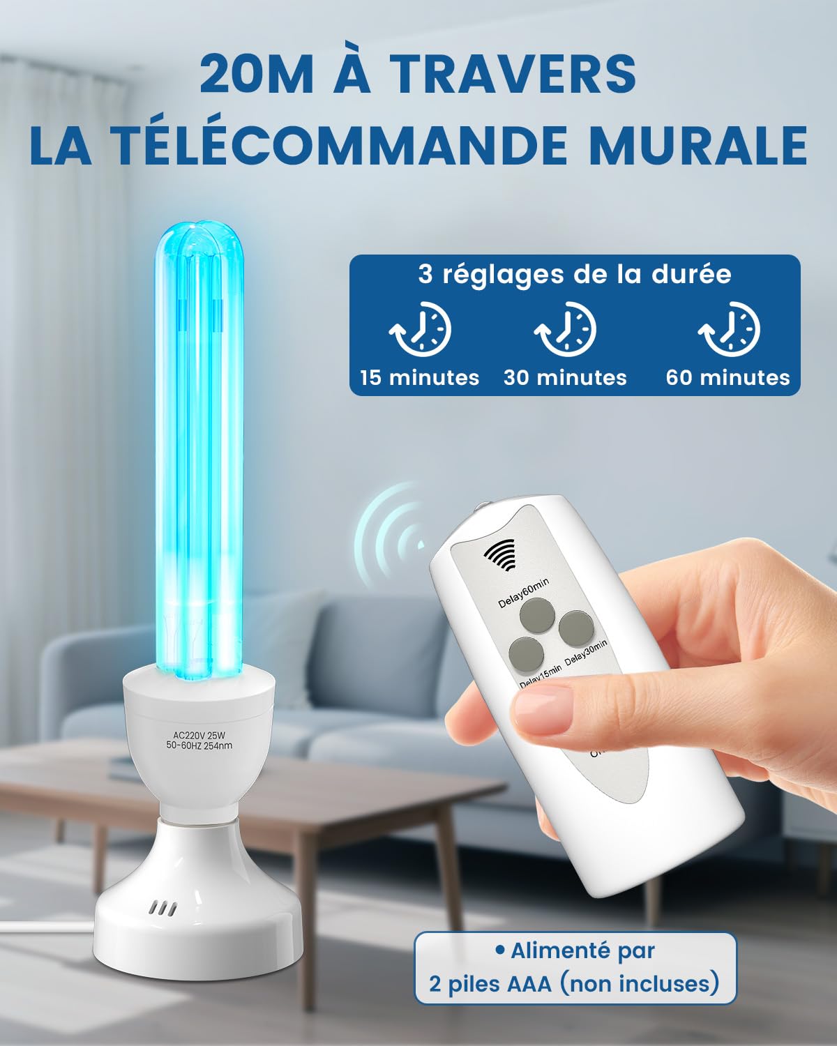 Lampe UV Germicide UVC 25W Ozone Télécommande Minuterie E27 Ampoule UV Stérilisateur Tube Quartz 254nm
