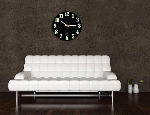 Miniatura 7 de Lulu Decor, Reloj de pared delgado de 18 pulgadas con esfera moderna de cristal negro, manecillas que brillan en la oscuridad y números arábigos