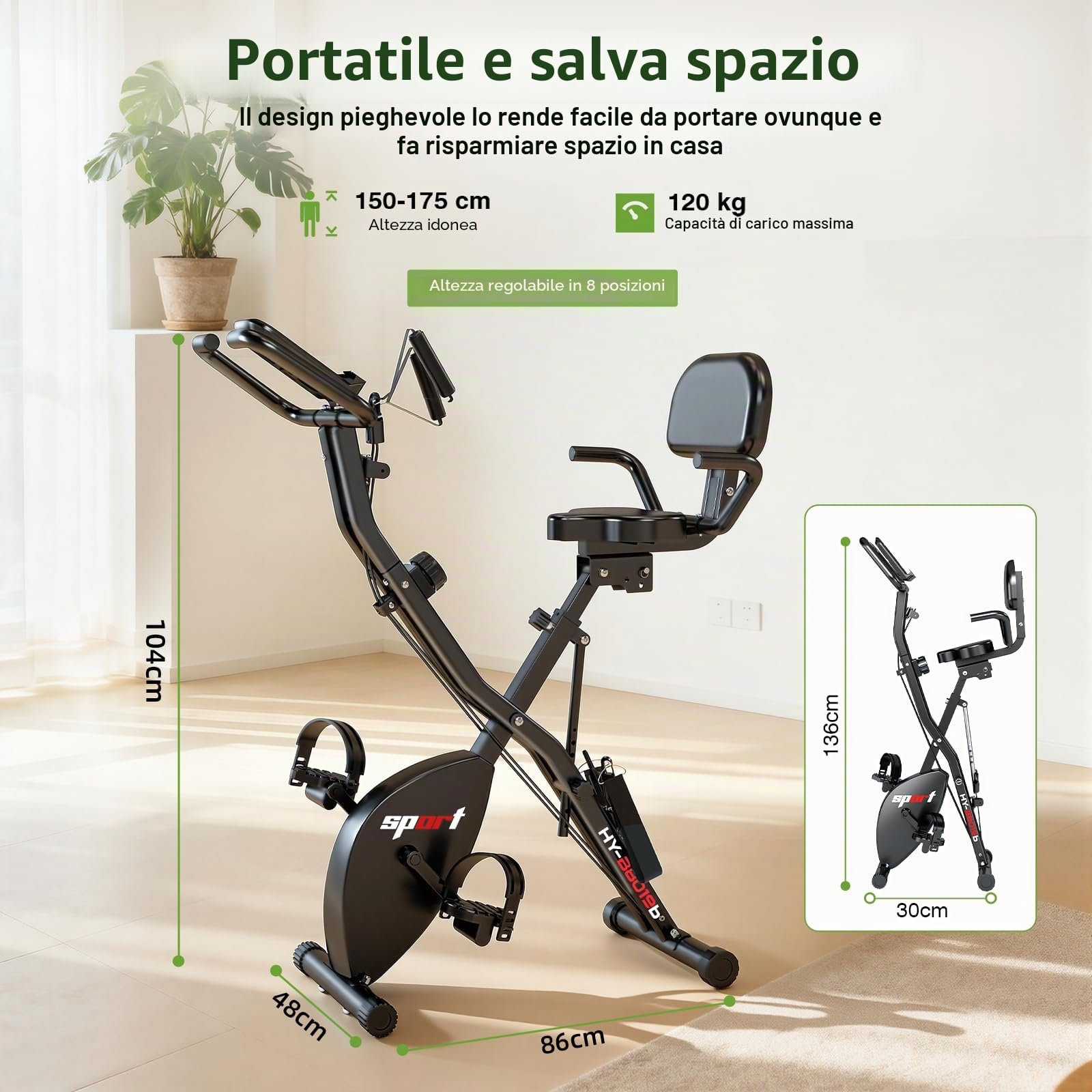 Cyclette Pieghevole da Casa 4 in 1, Bicicletta magnetica pieghevole, Resistenza magnetica regolabile a 8 livelli, monitor LCD e sensore di frequenza cardiaca.