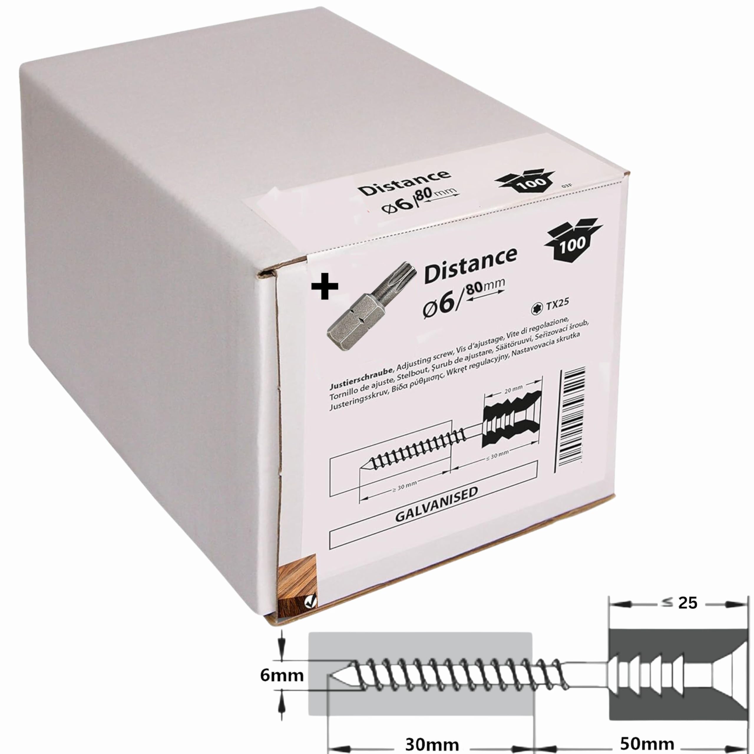 Tox Justierschrauben mit BIT zu jeder Packung - Distanzschrauben zum millimeter genauen einstellen - Abstandsschrauben - Nivellierschrauben für Holz, Packungseinheit (6x80mm)