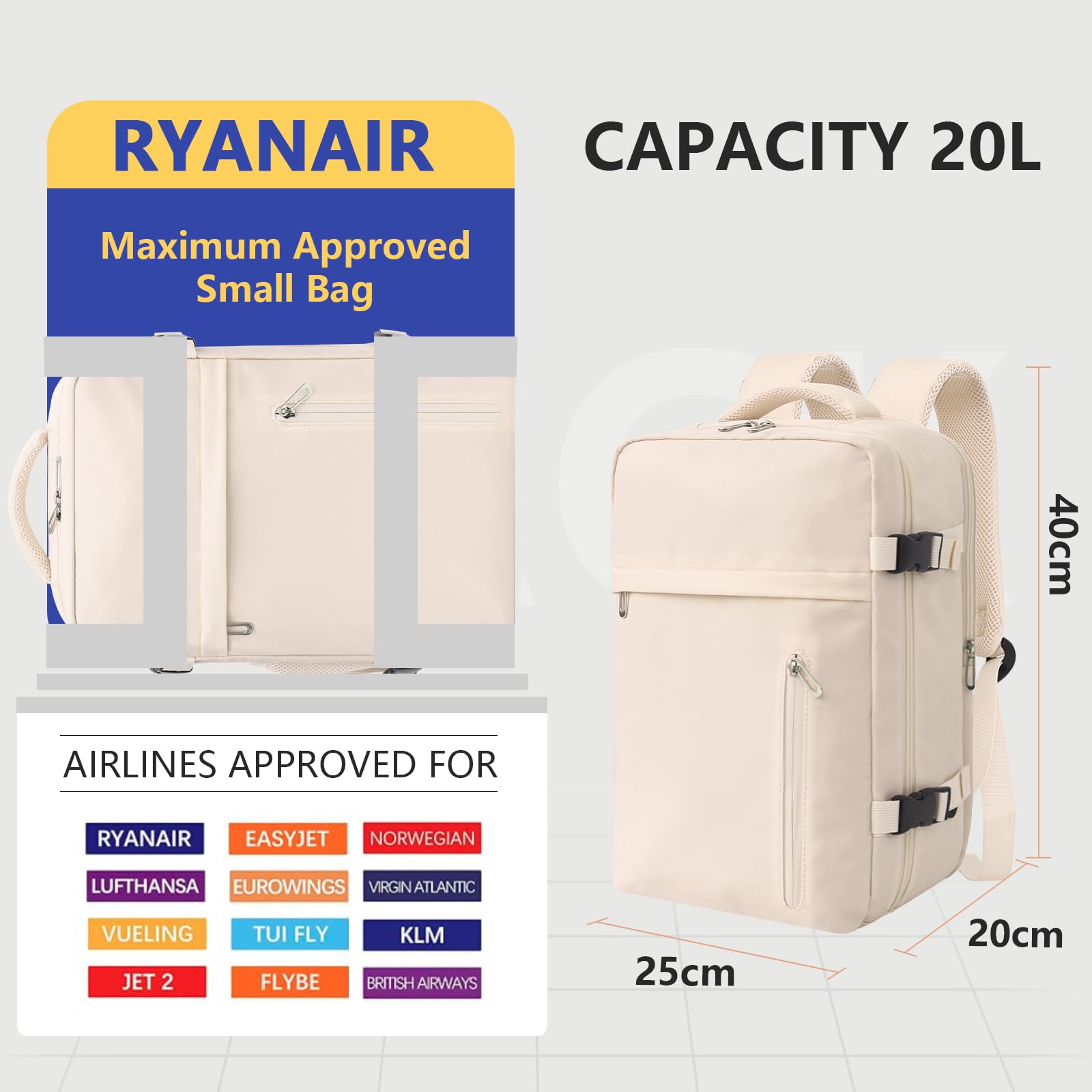KIRFEIHT Bagaglio a Mano 40x20x25 per Ryanair Borsa da Viaggio per Cabina - Zaino da Viaggio Aereo Piccolo, Zaini Universali per Uomo e Donna per Scuola Trekking Lavoro - Beige