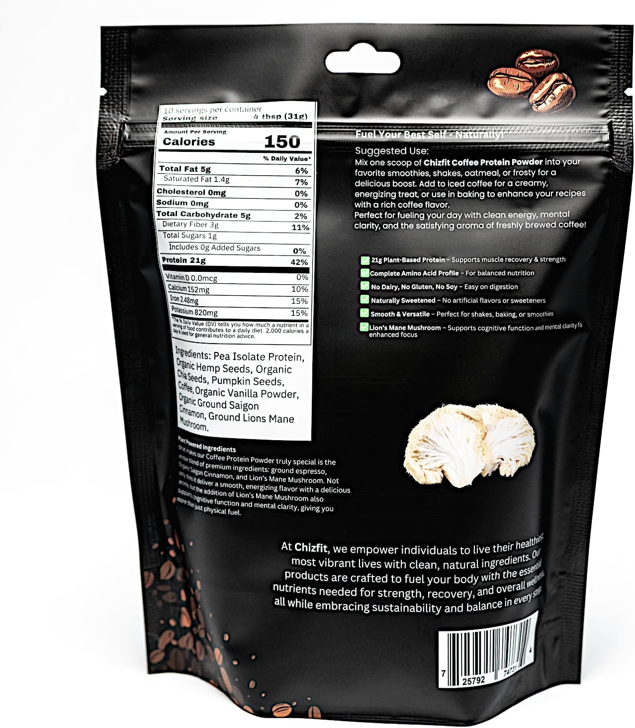 Plant-Based Protein Powder, 8 Simple Ingredients, Coffee & Lion's Mane, 21 Grams Protein per Serving, 11.92 Ounces