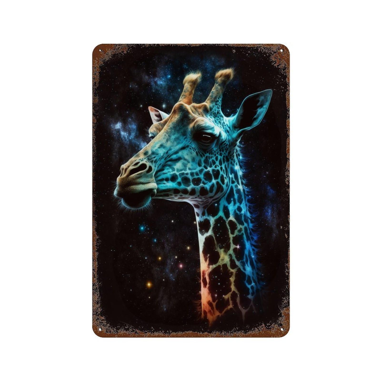 Giraffe in Space Art Print-5 Distressed Metal Wall Sign 11.8"x7.9", Ideal for Pub, Kitchen And Man Cave Decor