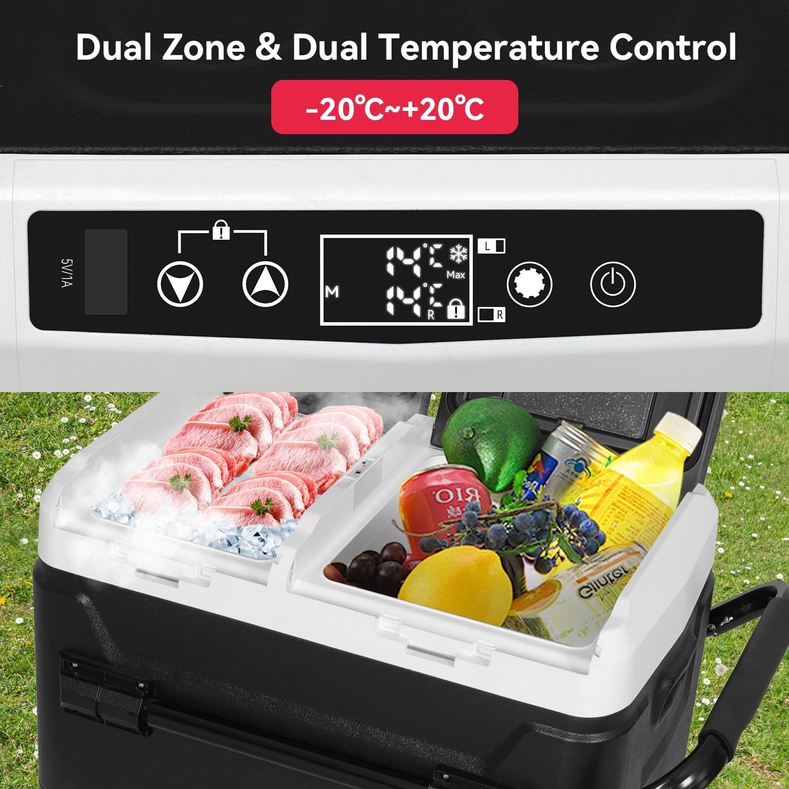 Frigo Auto 60L, Frigo da Campeggio Doppia Zona con Controllo App, 12V/220V, con Maniglia telescopica per Auto, Camion, Camper, Barca, Fino a -20 °C