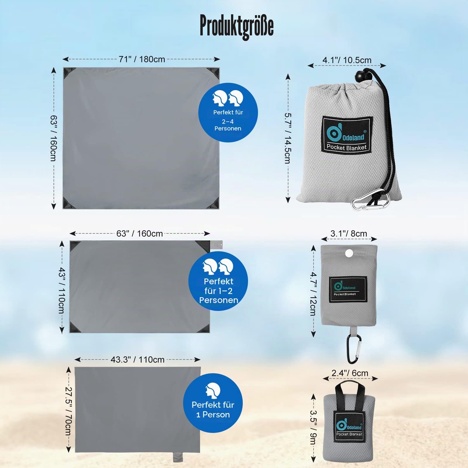 Odoland Picknickdecke 110 x 160 cm Stranddecke Sandabweisende Tragbare Camingmatte Ultraleicht Kompakt Strandtuch für BBQ, Strand, Reisen, Camping und Picknick Grau | 160 x 109,2 cm, schnell trocknend und faltbar, leicht, sandfrei, Strandmatte für Wandern
