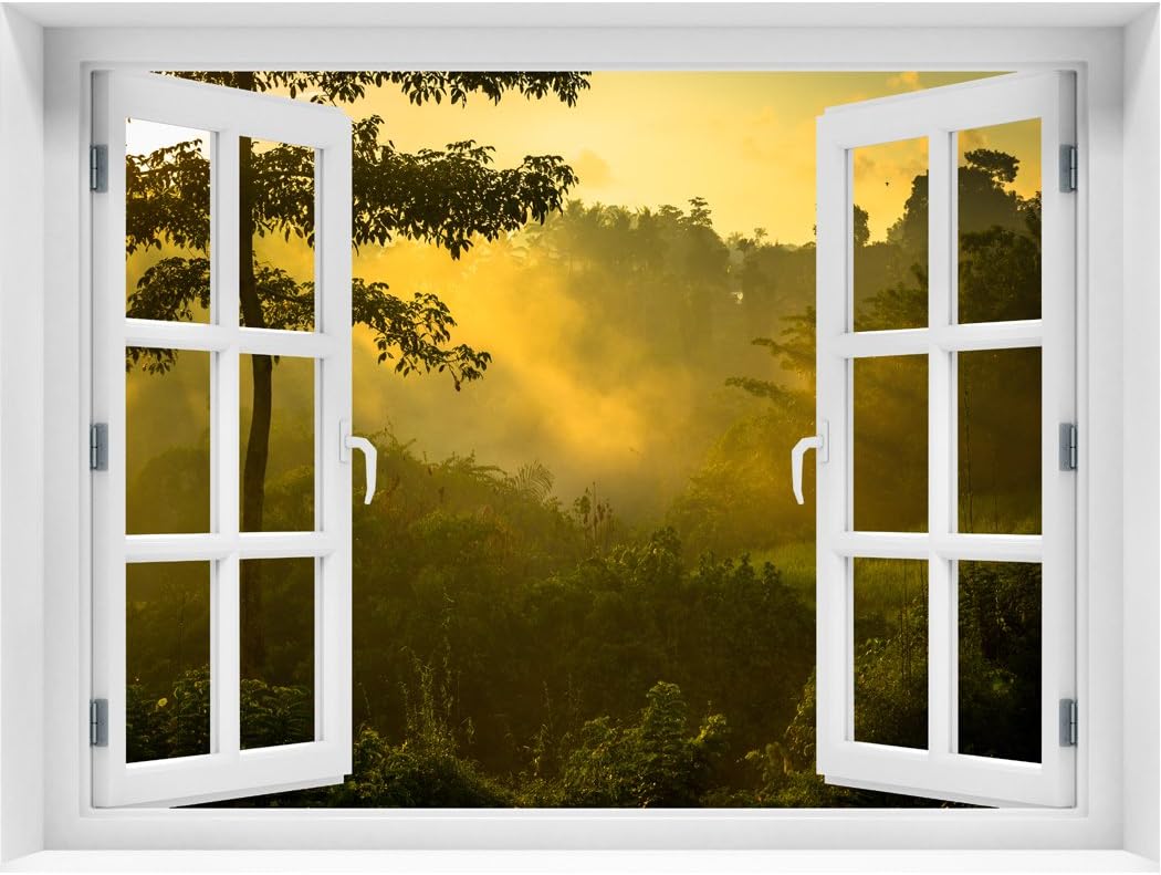 RoyalWallSkins Window Wall Mural Sunrise Over Jungle, Peel and Stick Fabric Illusion 3D Wall Decal Photo Sticker