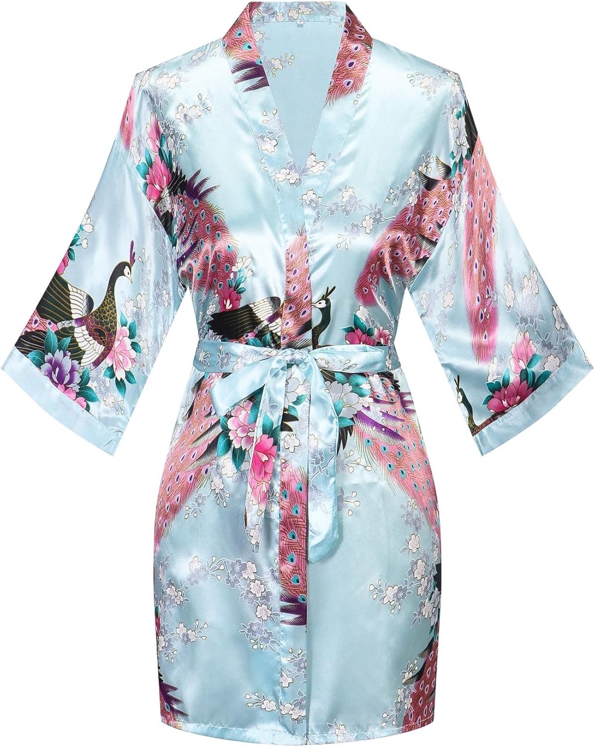 Women's Floral Kimono Satin Short Robe Peacock and Blossom Soft Bathrobe for Wedding Party Getting Ready