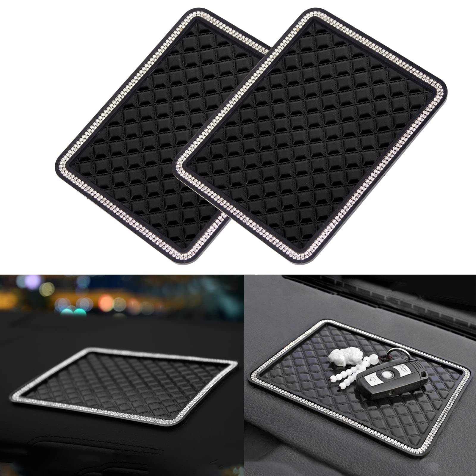 Xotic Tech 2pcs Bling Crystal Black Anti-Slip Thick Car Dashboard Sticky Mat for Cell Phone, Car Key, Sun Glasses (Size: 7.16