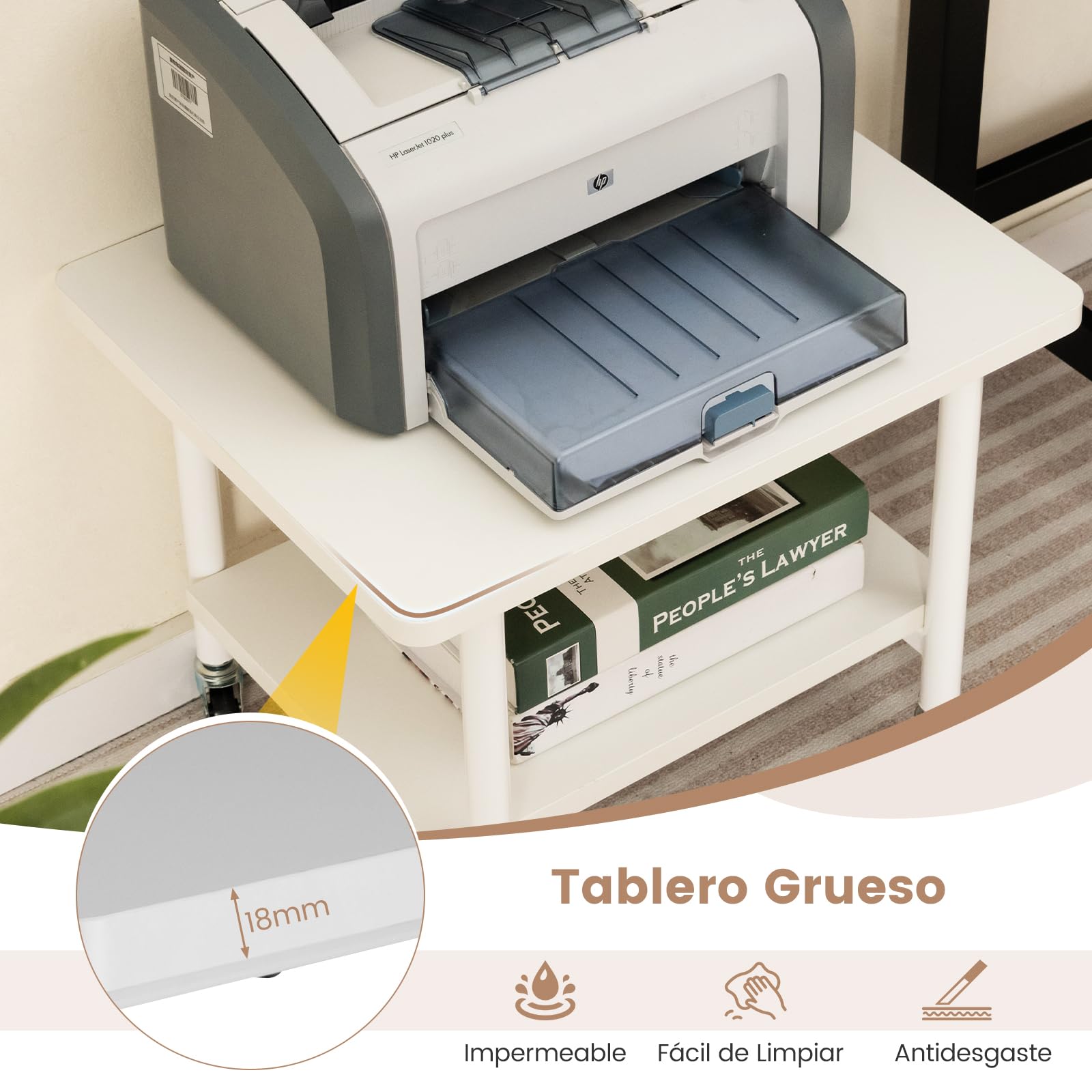 COSTWAY Soporte para Impresora con Ruedas, 2 Nivles, Mueble Impresora de Metal con Almacenamiento, Carrito de Almacenamiento Cocina Oficina, 49 x 40 x 38 cm (Blanco+Blanco)