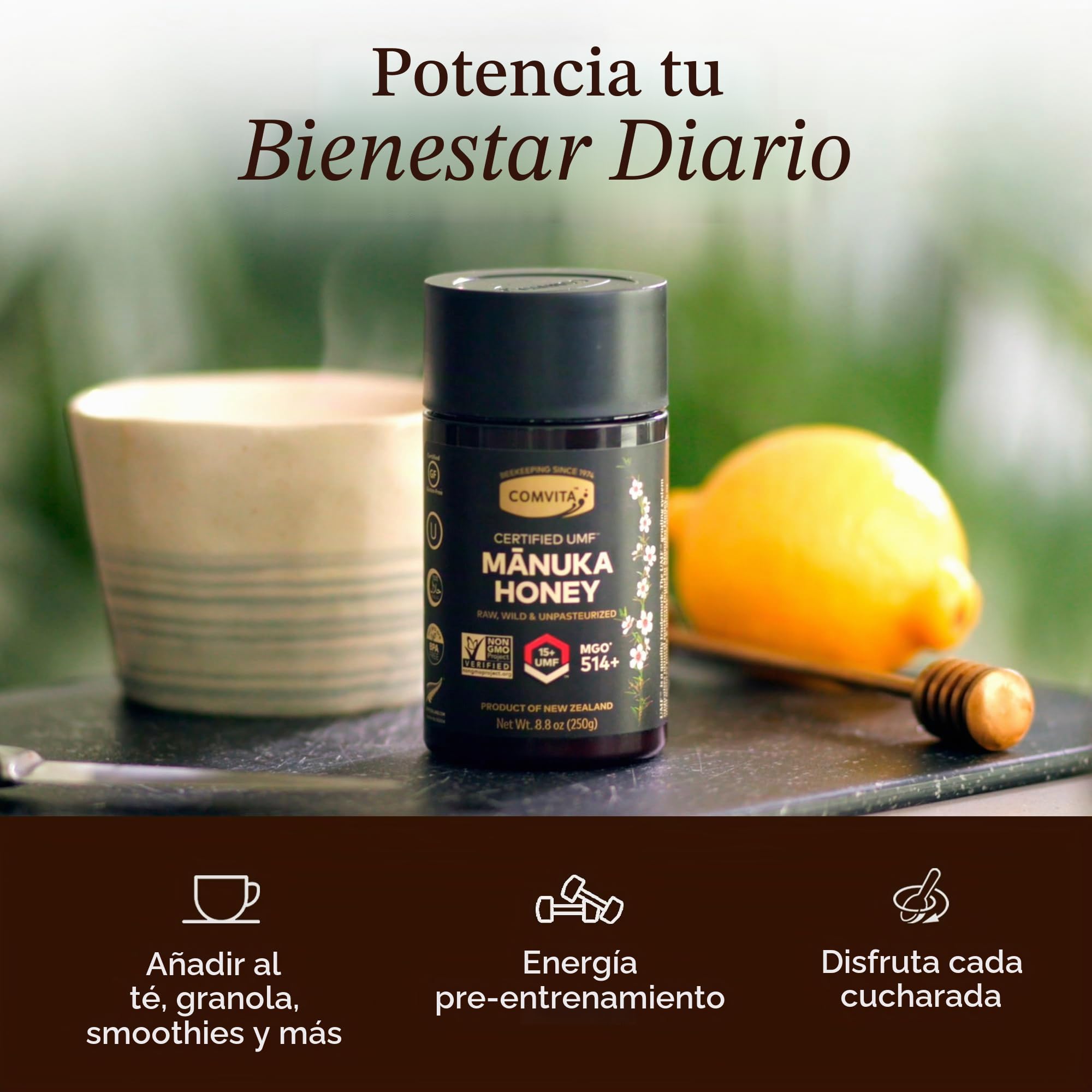 Comvita - Miel de Manuka UMF 15+ - 250 g - No contiene Huevo Ni Lactosa - Propiedades Antioxidantes y Digestivas - Sabor Muy Dulce - Miel de Nueva Zelanda