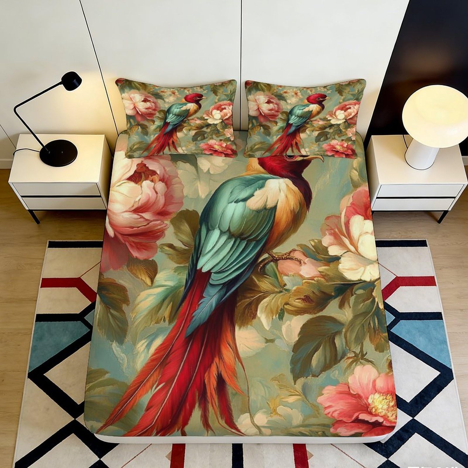 3D Printed vibrant parrot Fitted Sheet, large floral Microfiber, wrinkle resistant, apartment bedding, anti-slip bed cover for home decor, easy care, 200x200x25cm