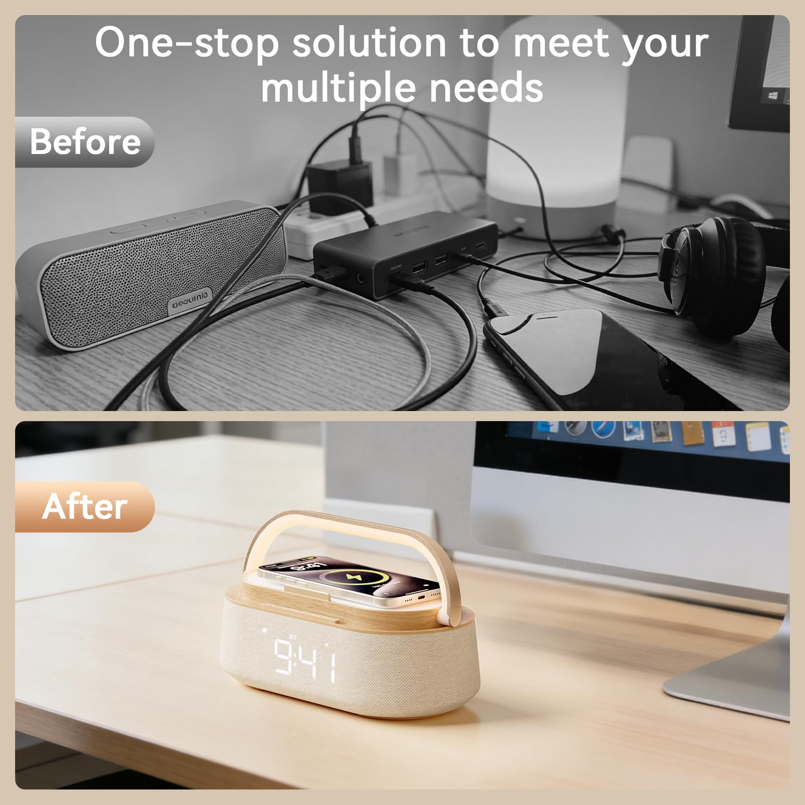 COLSUR Radiowecker Digital mit Wireless Charger, Bluetooth Lautsprecher Smart Wecker Schlummerfunktion Induktive Ladestation mit Licht Nachtlampe, LED Display, Geschenke für Männer Frauen