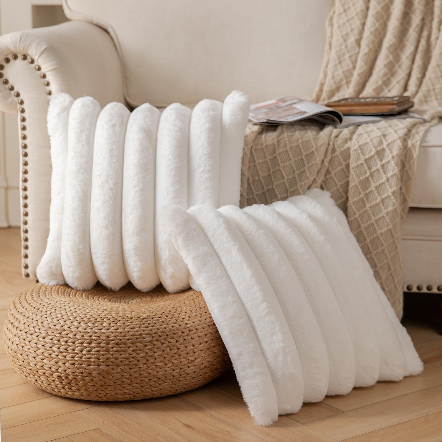 Yaertun Set van 2 beige dikke zachte wollen decoratieve kussenhoezen 30 x 50 cm kunstbont pluche pluizige kussenslopen voor bank, slaapkamer