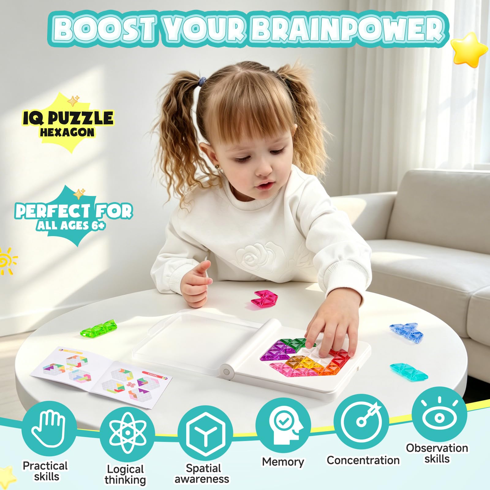 Gioco di posa geometrica, puzzle IQ, sfide progressive e 2 forme (stella/esagonale), pietre lucide colorate come gelatina, portatile, con coperchio e libretto delle soluzioni, per adulti e