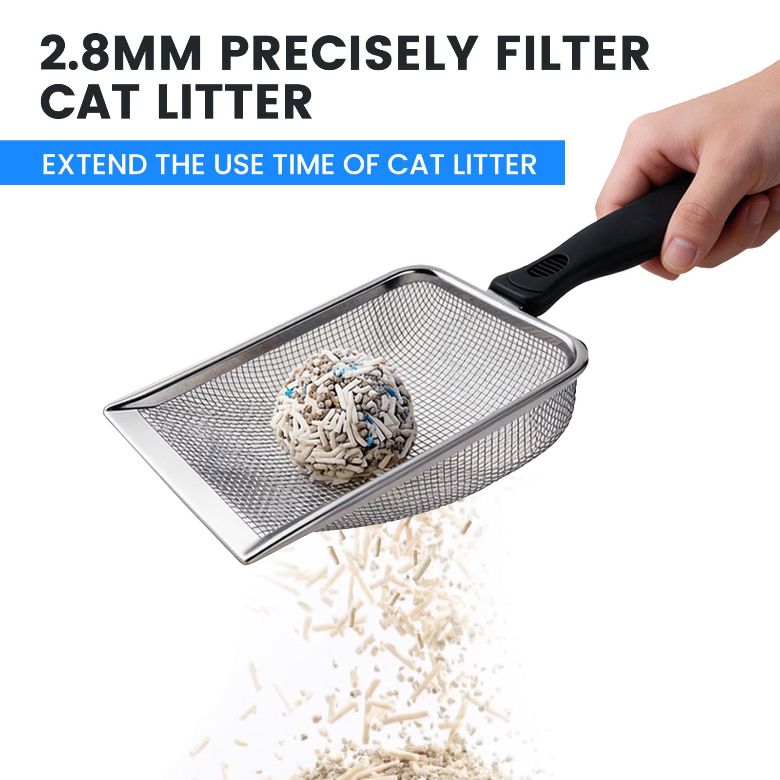 SmartTail Cuchara de arena para gatos, pala de arena de malla fina de acero con agujero de 2,8 mm, limpiador de arena para reptiles, pala profunda para gatos, pala de arena para gatos, cuchara de