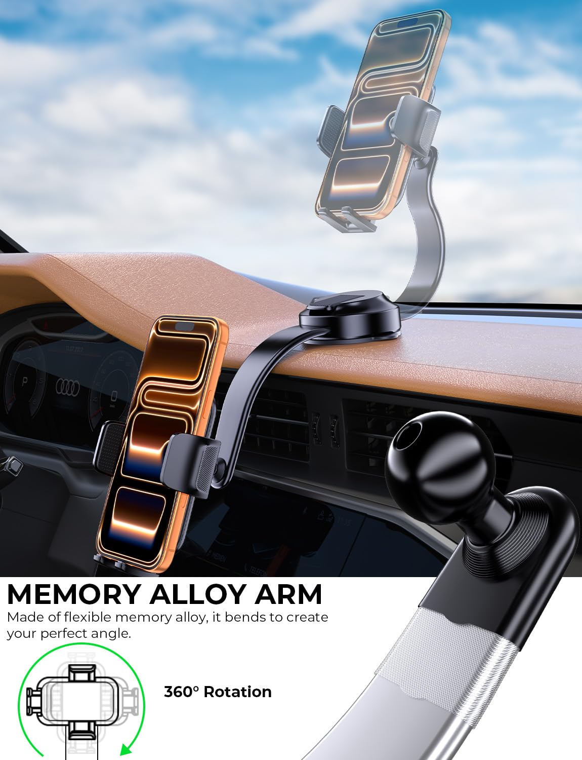 YYBS Car Dashboard Phone Holder for Windshield - Tesla Touch Screen Phone Mount with 360 Adjustable Aluminum Arm — view 2