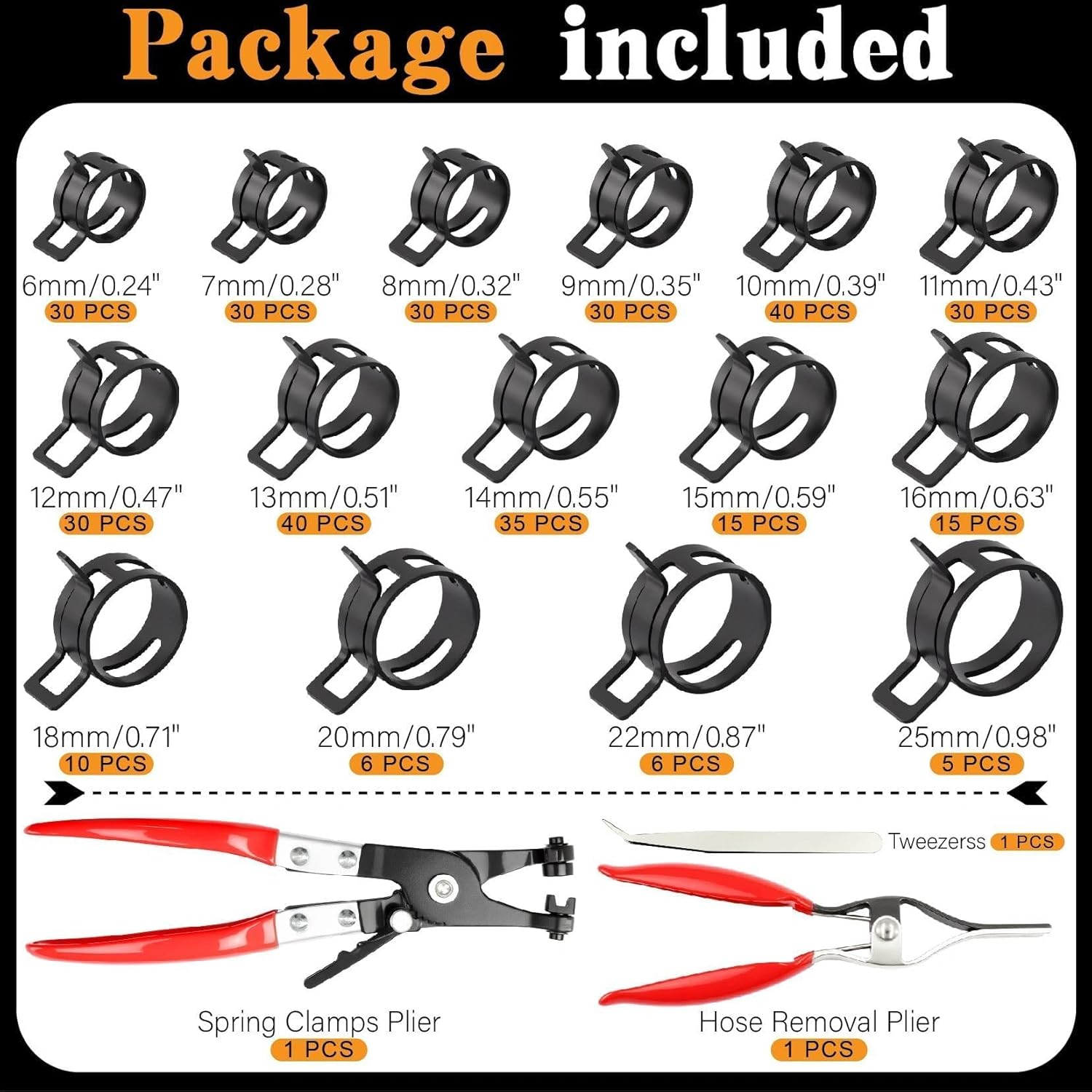 355Pcs 6-25mm Spring Hose Clamps Assortment Kit With Swivel Flat Clamp Plier and Removal Plier,Radiator Hose Clamp,Black Hose Clips for Automotive Fuel Line,Silicone Vacuum