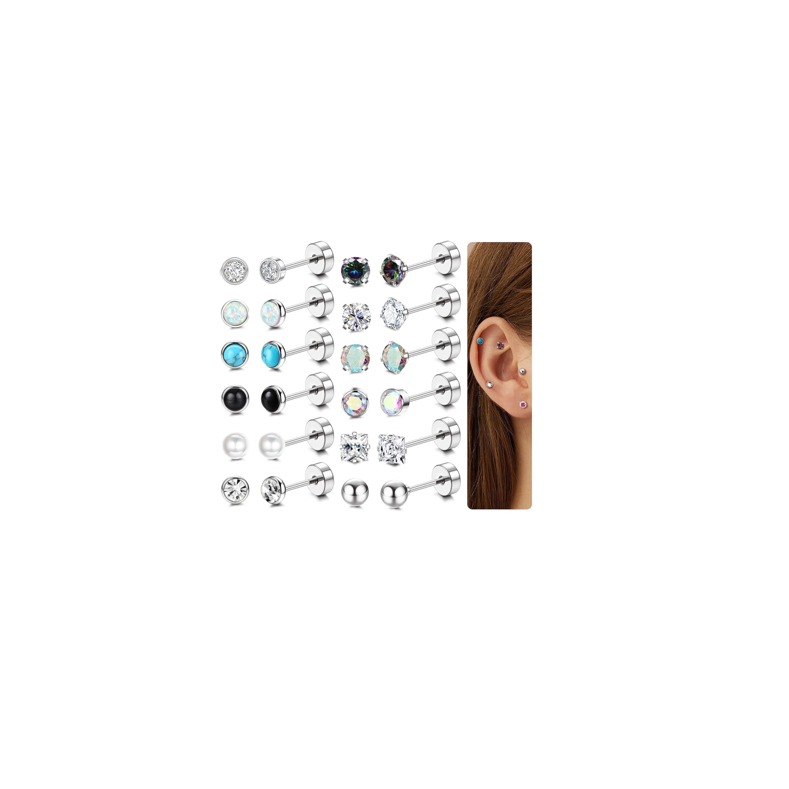 JeweBella 12 Pares Pendientes Acero Quirúrgico para Mujer Niña Pequeños Pendientes Mujer Plata/Oro Hipoalergénicos Pendientes Ópalo Circonita Piedra Lunar Piercing Oreja Cartílago Pendientes Joyería