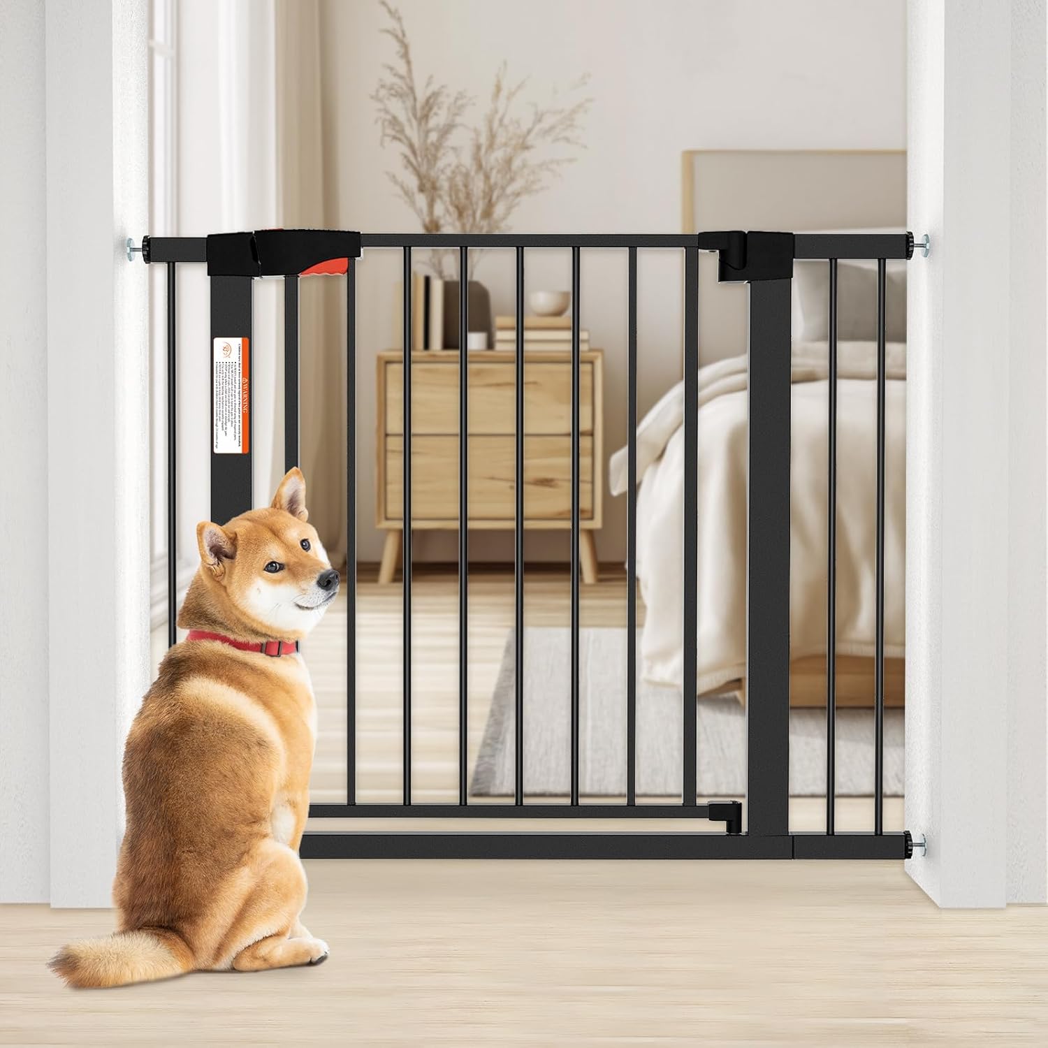 MAVRICFLEX Steel Dog Gate, No-Drill Pressure-Mounted Pet Gate for Door, Auto-Close < 45 °, Black
