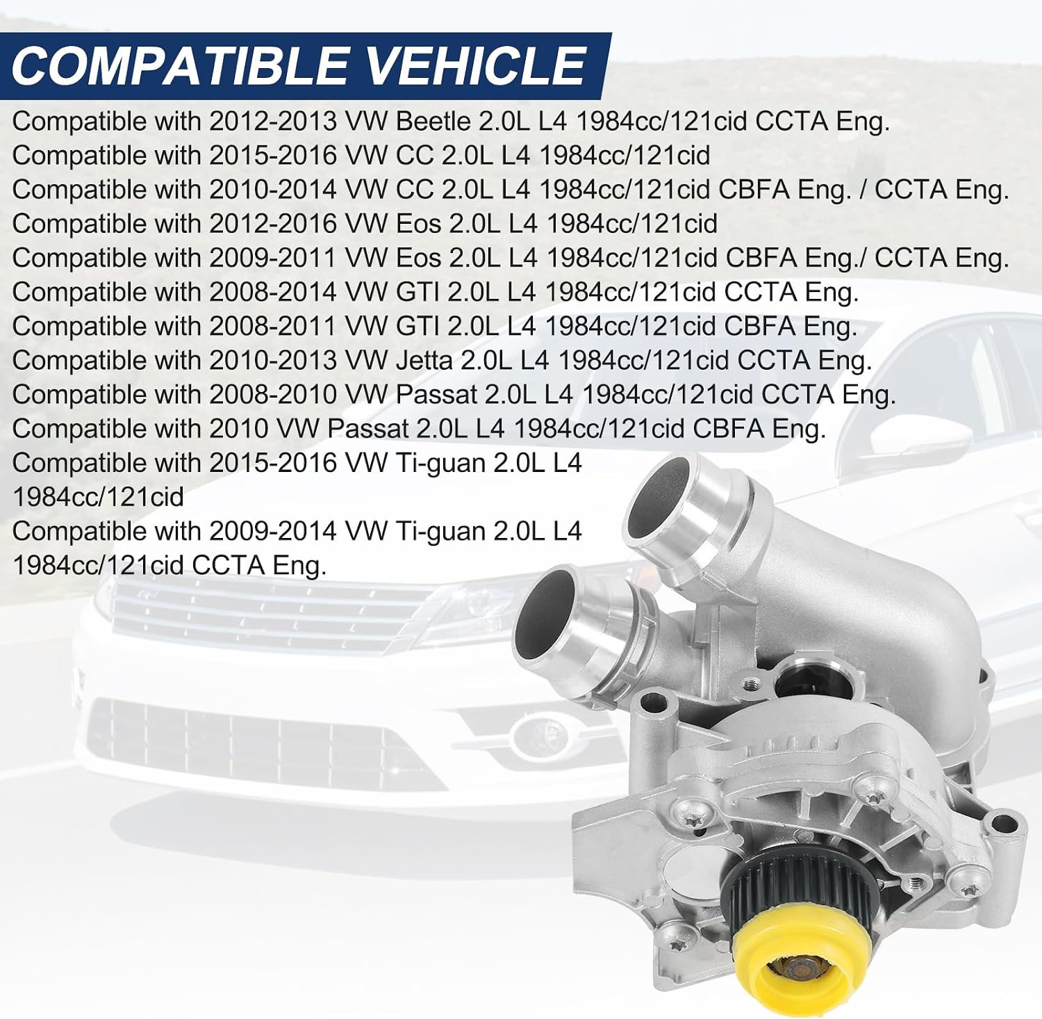 Water Pump Compatible with 2008-2016 Audi A3 A4 A5 A6 Q3 Q5 TT VW Tiguan Jetta Golf GTI Eos Beetle CC 2.0L 2.0T Replaces# 06H121026AB 06H121026AE 06H121026AF 06H121026CQ Aluminum