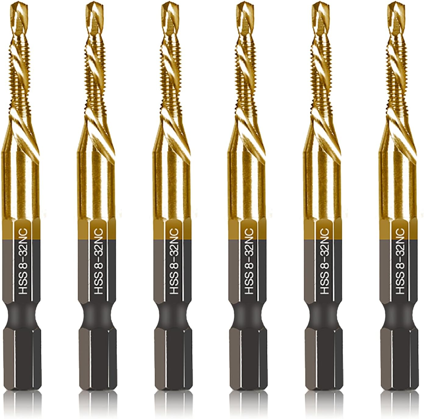 6-pc 8-32NC Combination Drill Tap Bit Set SAE, 8-32NC Thread Size, Titanium Coated High-Speed Steel, Ideal for Drilling Threading and Countersinking in Soft Metal Wood and Plastic, 1/4” Hex Shank