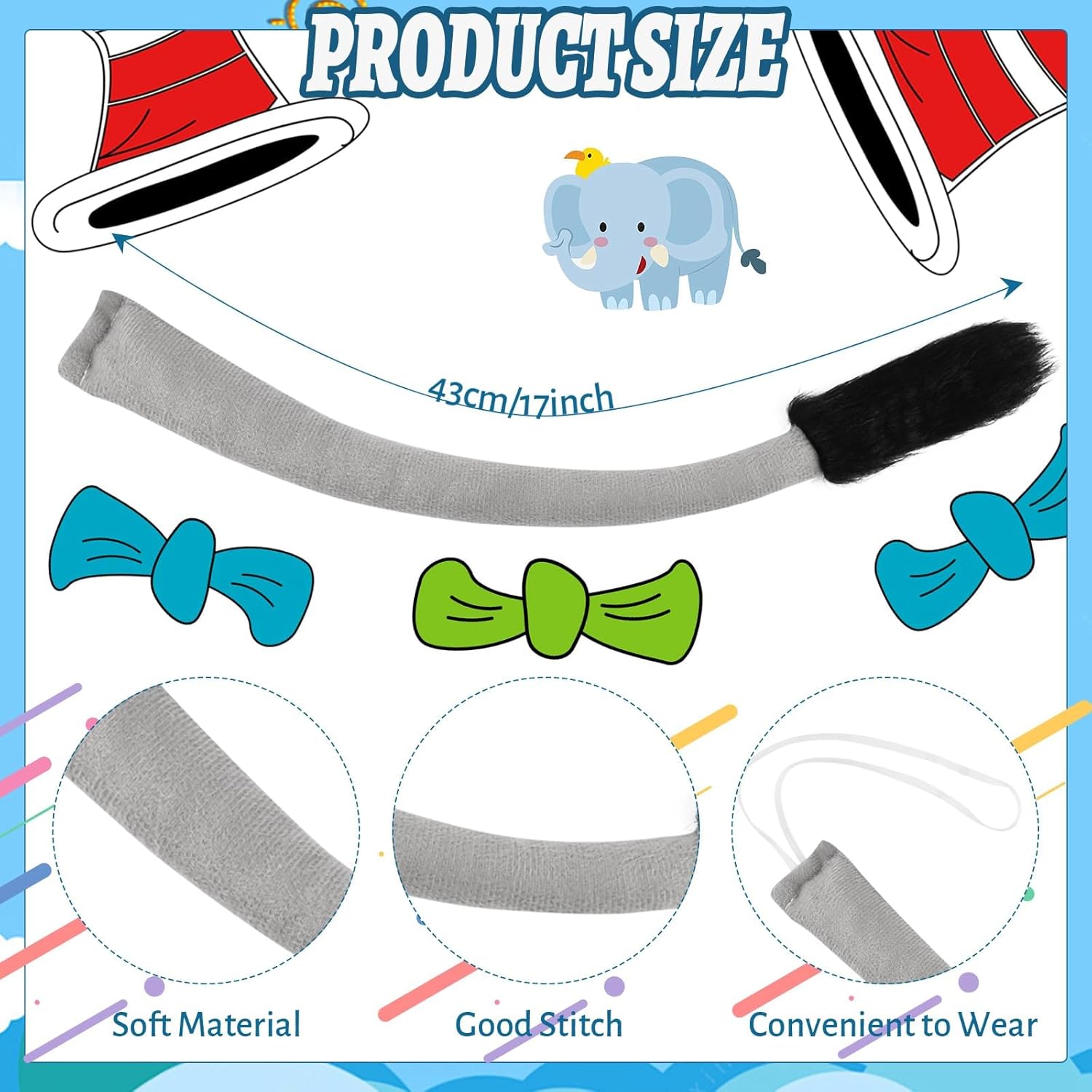 6 PCS Elephant Costume Set Include Headband Tutu Skirt Tail Gloves Socks and Pom Pen for World Book Day Dress Up - Image 3