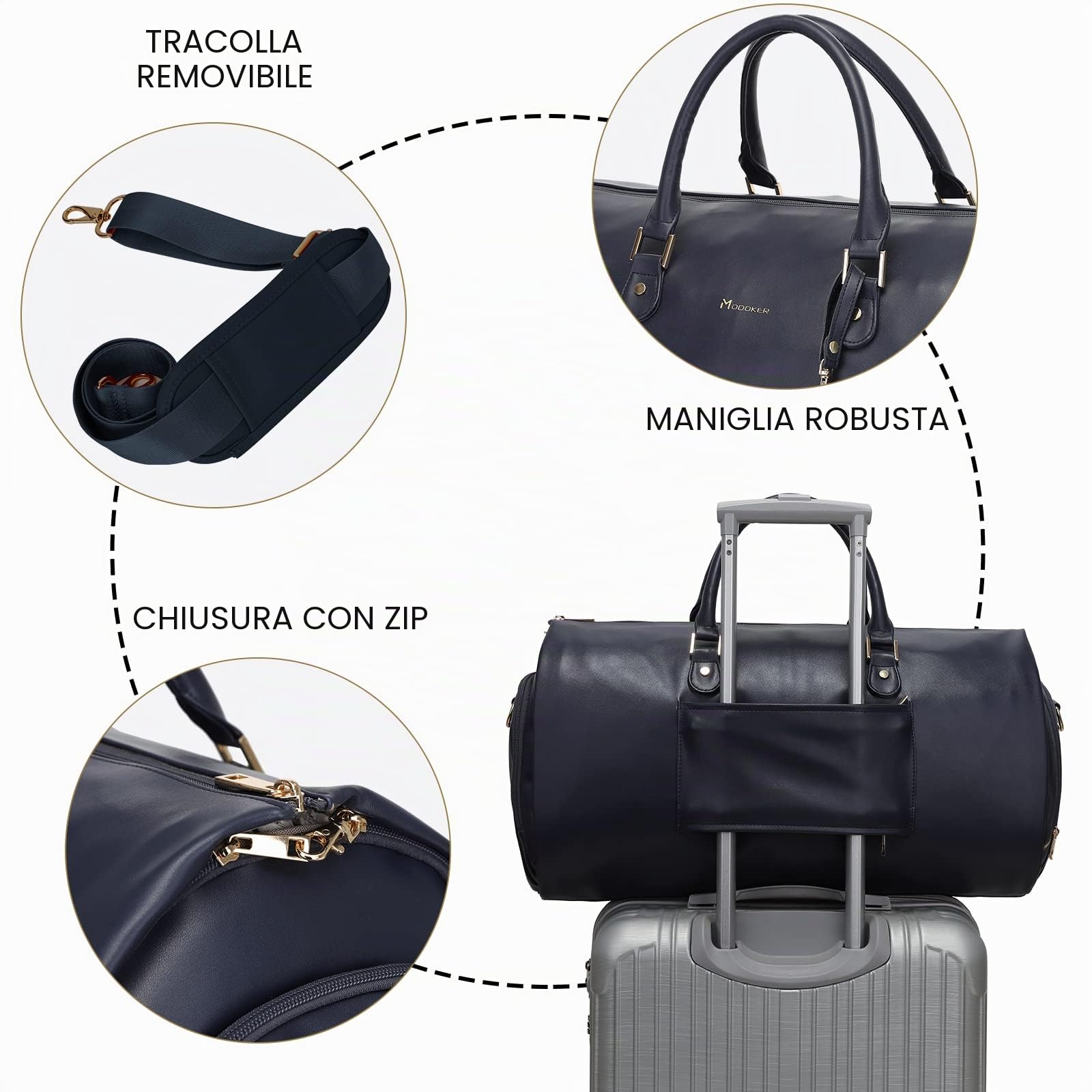 Modoker Borsone da donna convertibile in pelle con tracolla, borsone da viaggio 2 in 1 da appendere, Blu