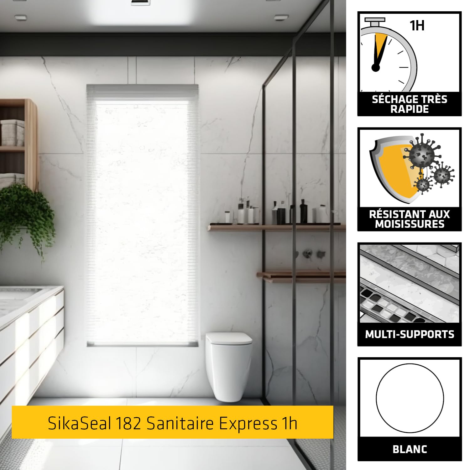 SIKA - Colle de fixation élévée à maintien immédiat - Intérieur et extérieur - Blanc - 290ml + 2x Mastic silicone à séchage rapide - Anti-moisissures - Joint sanitaire - Blanc - 2x300ml