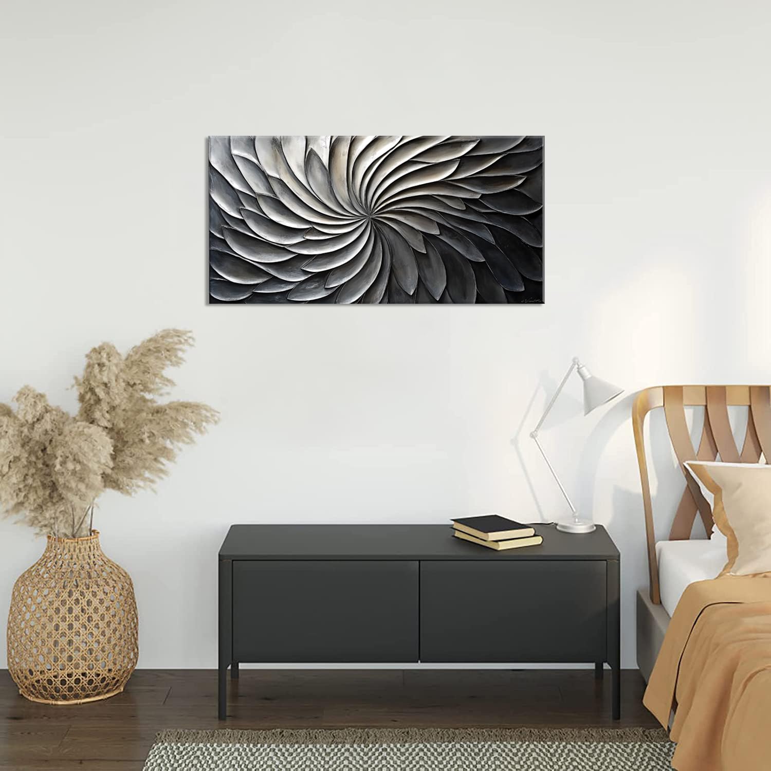 Condition photo showing New/Like New for LASMOND Abstract Black and White Wall Art for Living Room Modern Canvas Print Painting Lines Flower Floral Large Artwork Bedroom Home Office Wall Décor (30x16 Inches)