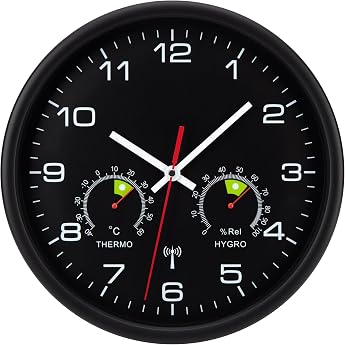 VIVILINEN Radio-Controlled Wall Clock with Thermometer Hygrometer Silent Wall Clock Without Ticking Noises Radio Wall Clock Silent Non-Ticking Hanging Clock for Living Room Bedroom Office Kitchen