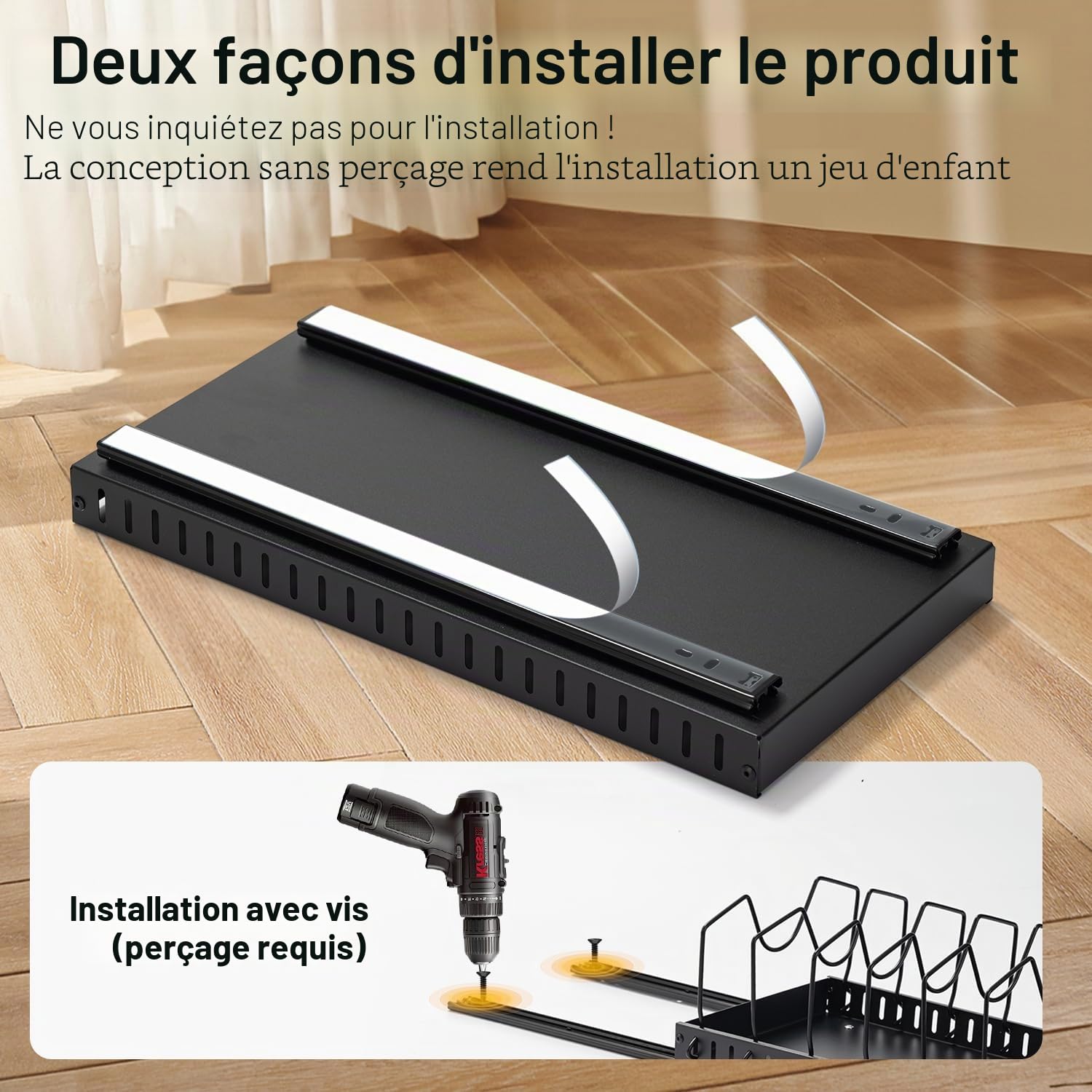 Rangement Poele et Casserole pour Tiroir Cuisine, Organiseur de Poêle avec 8 Compartiments Réglables, Porte-casseroles Support Coulissant, Range Couvercle (2 Pièce，Noir)