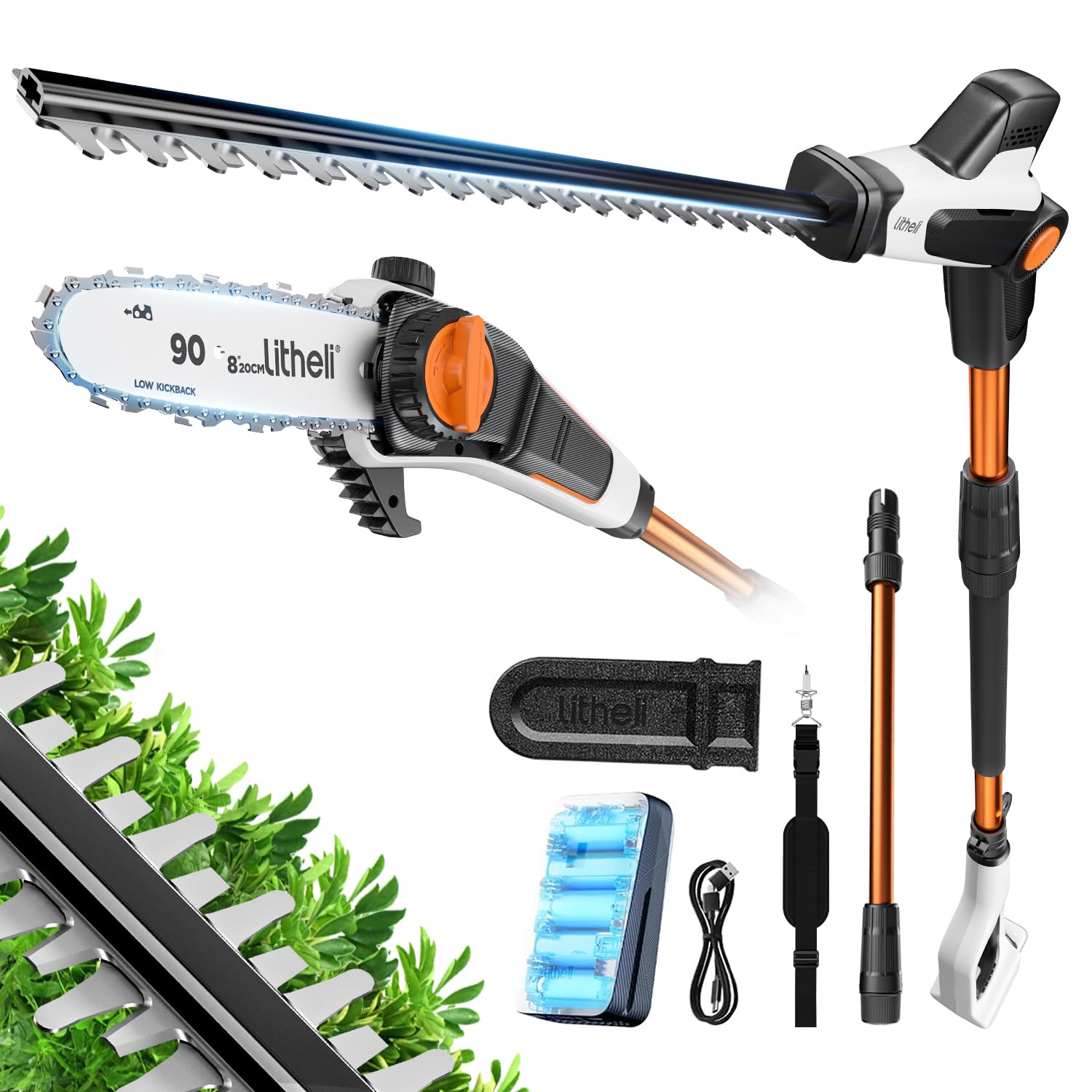 Litheli 2-en-1 Élagueur sur Perche et Taille Haie sans Fil, Batterie 2,0 Ah, Lame de 47 cm, tête inclinable et Perche rallonge pour Une Coupe Facile(Hauteur Fixe)