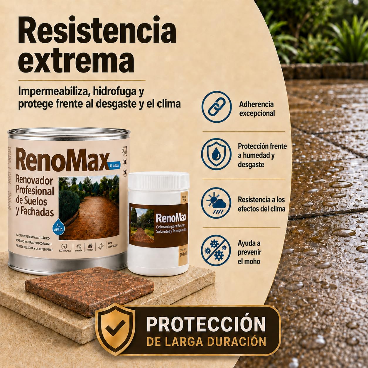 Renomax - Resina Hormigon Impreso y Superficies Porosas Al Agua + Tinte Hormigon Impreso Color Cemento, 5L Cubre hasta 50m² | Repara y Protege Suelos,Fachadas | Fácil de Aplicar, Garantía 5 Años