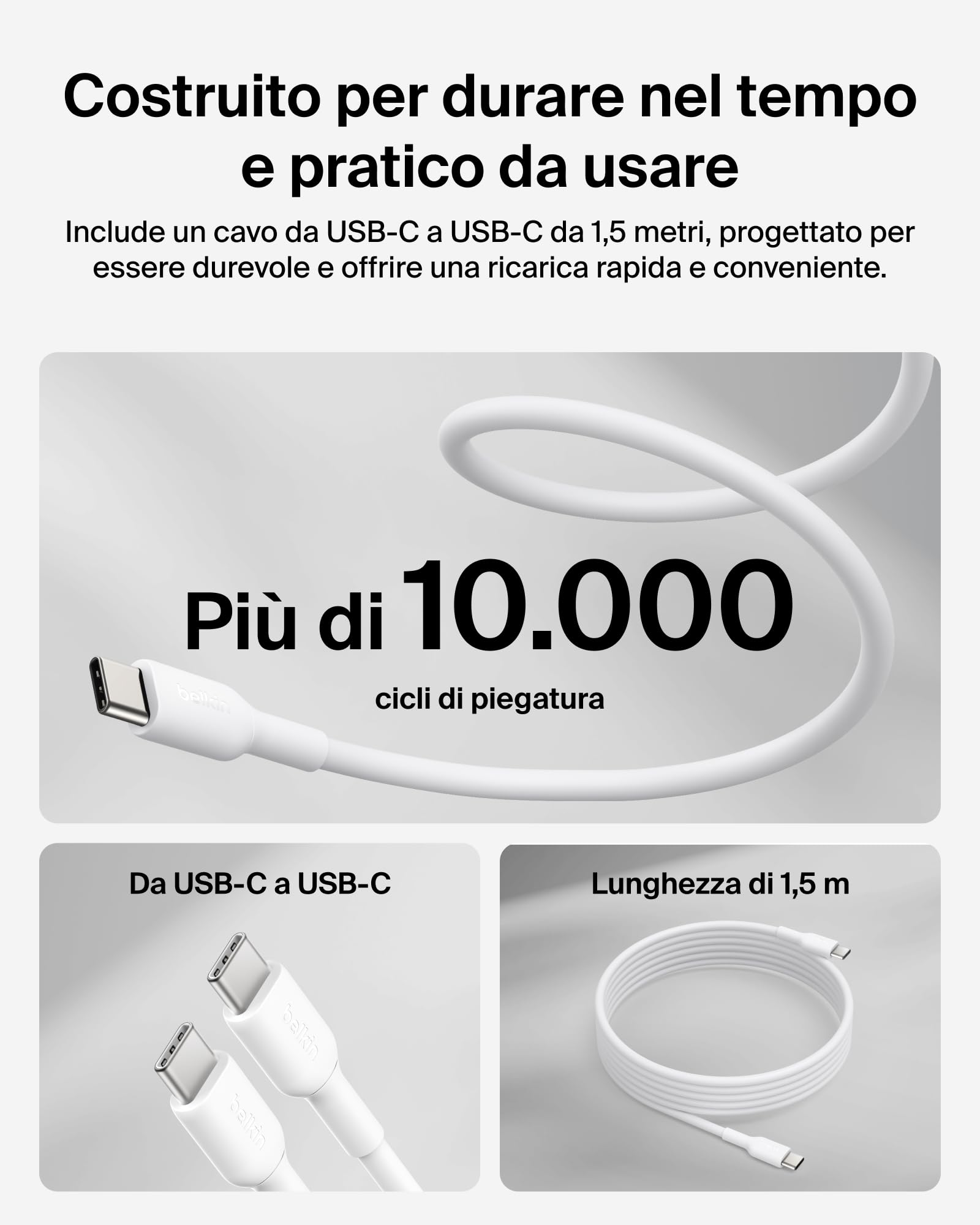 Belkin BoostCharge Caricatore USB C GaN 100W, Carica Batterie Cellulare Compatto con Spina Pieghevole per iPhone 17, Samsung Galaxy S26, Pixel 10, Tablet, MacBook, Cavo USB-C da 1,5 m Incluso- Bianco