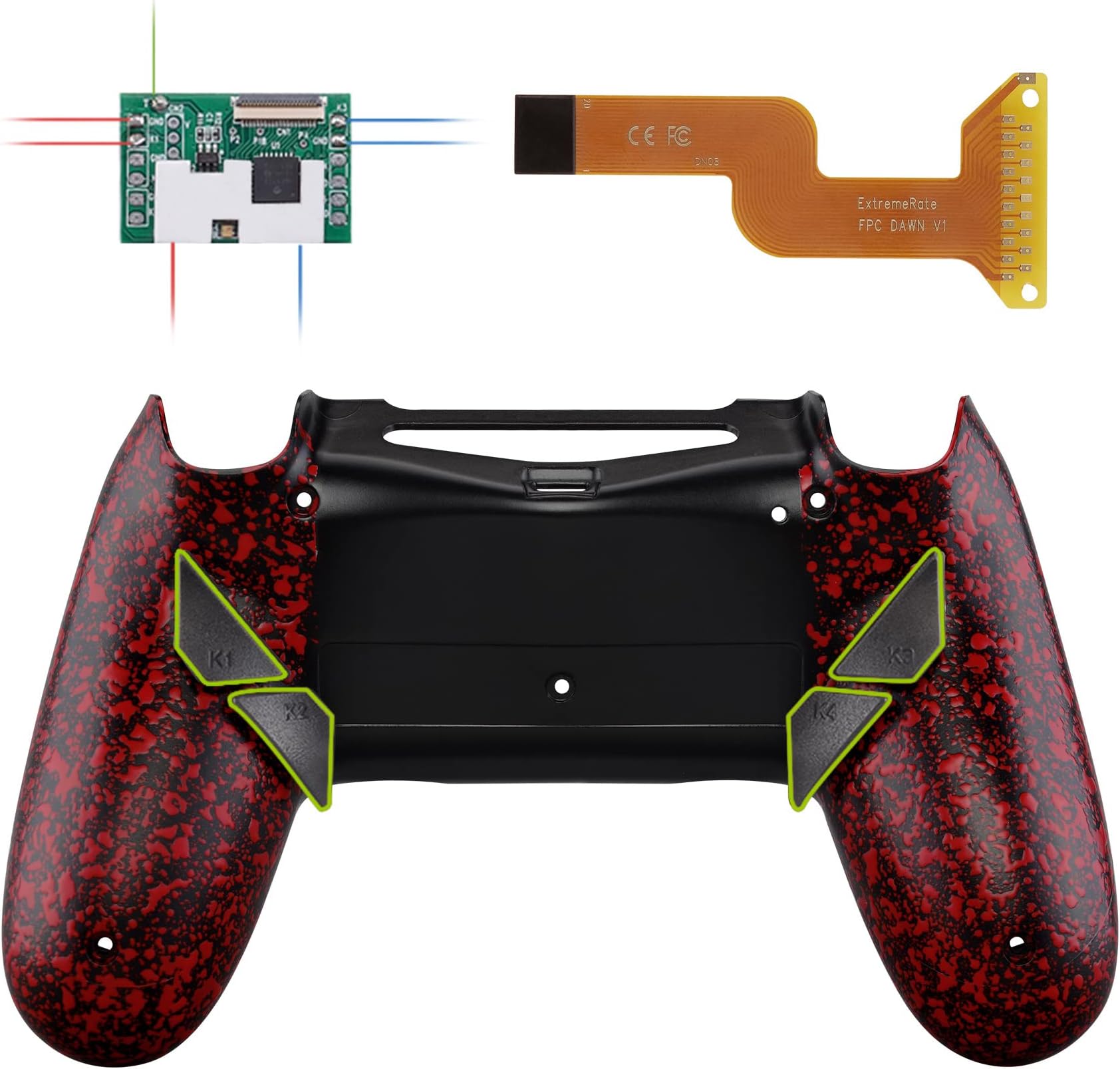 eXtremeRate Dawn Programable Remap Kit for PS4 Controller with Mod Chip & Redesigned Back Shell & 4 Back Buttons - Compatible with JDM 040/050/055 - Textured Red
