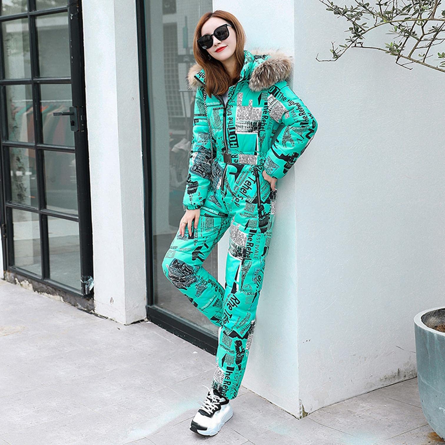 Traje de esquí de una pieza para mujer, mono de esquí largo con capucha y cremallera con capucha y capucha, cálido para invierno, para deportes al aire libre, traje de esquí o snowboard, mono, Verde