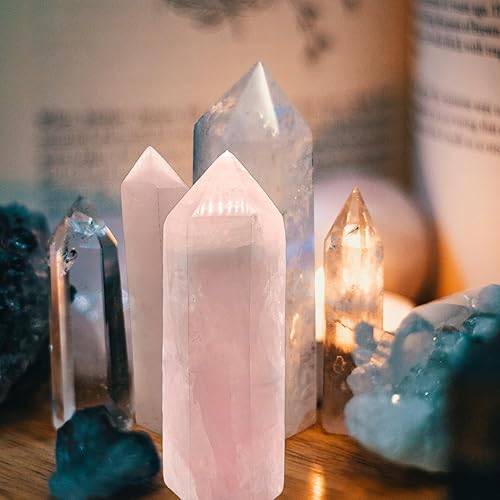 Miniatura 5 de Torre grande de cristal de cuarzo rosa de 1.5 a 2.0 libras de cristal curativo 6 varitas de punto facetado, 1 pieza para meditación, terapia