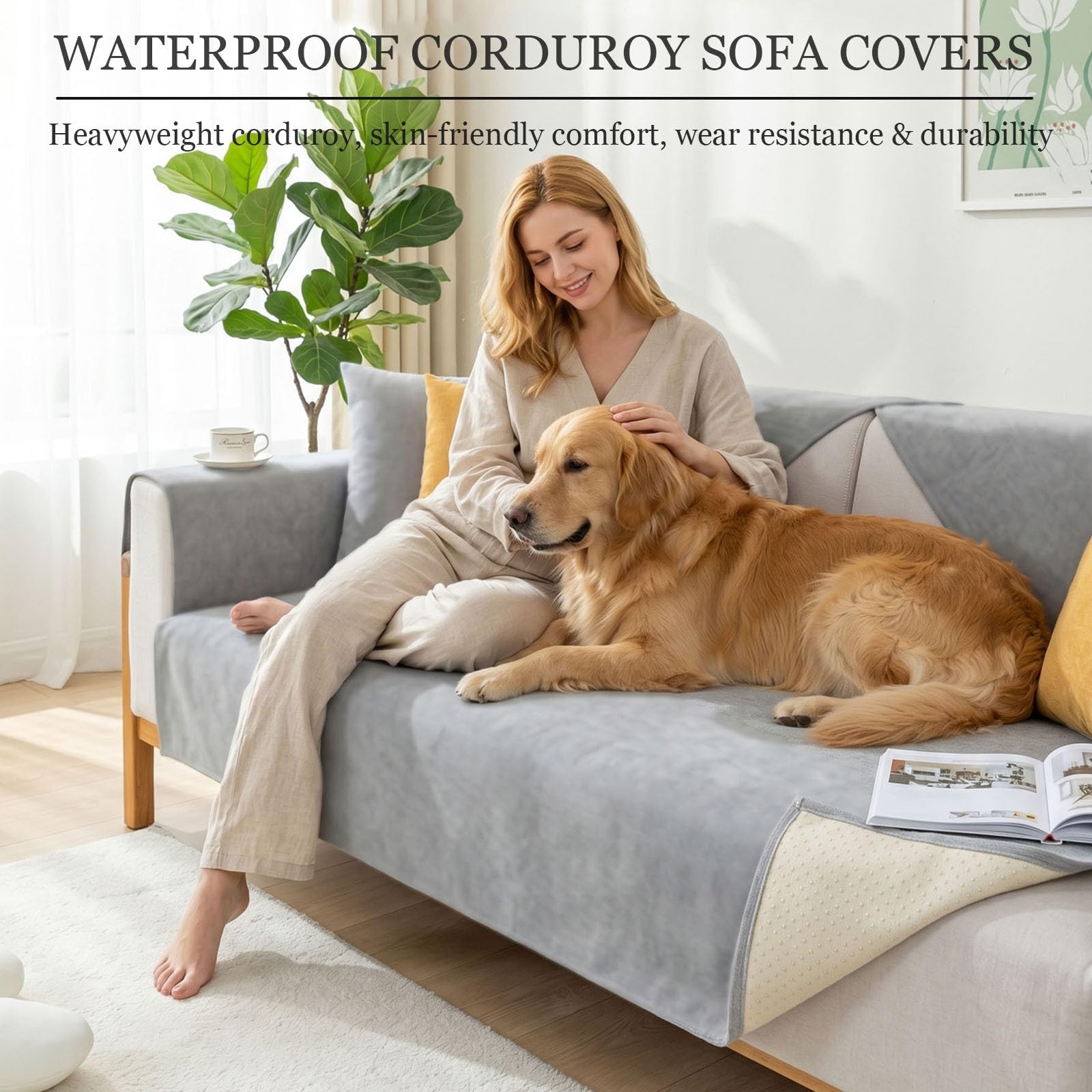 Housse de canapé Imperméable Velours Côtelé Antidérapante 1 2 3 4 Places | Protection Chat Anti Griffe Chien Coussin Assise Angle Forme L U Sectionnel Meubles Rayures Liquides Solide(Black,110x280cm)