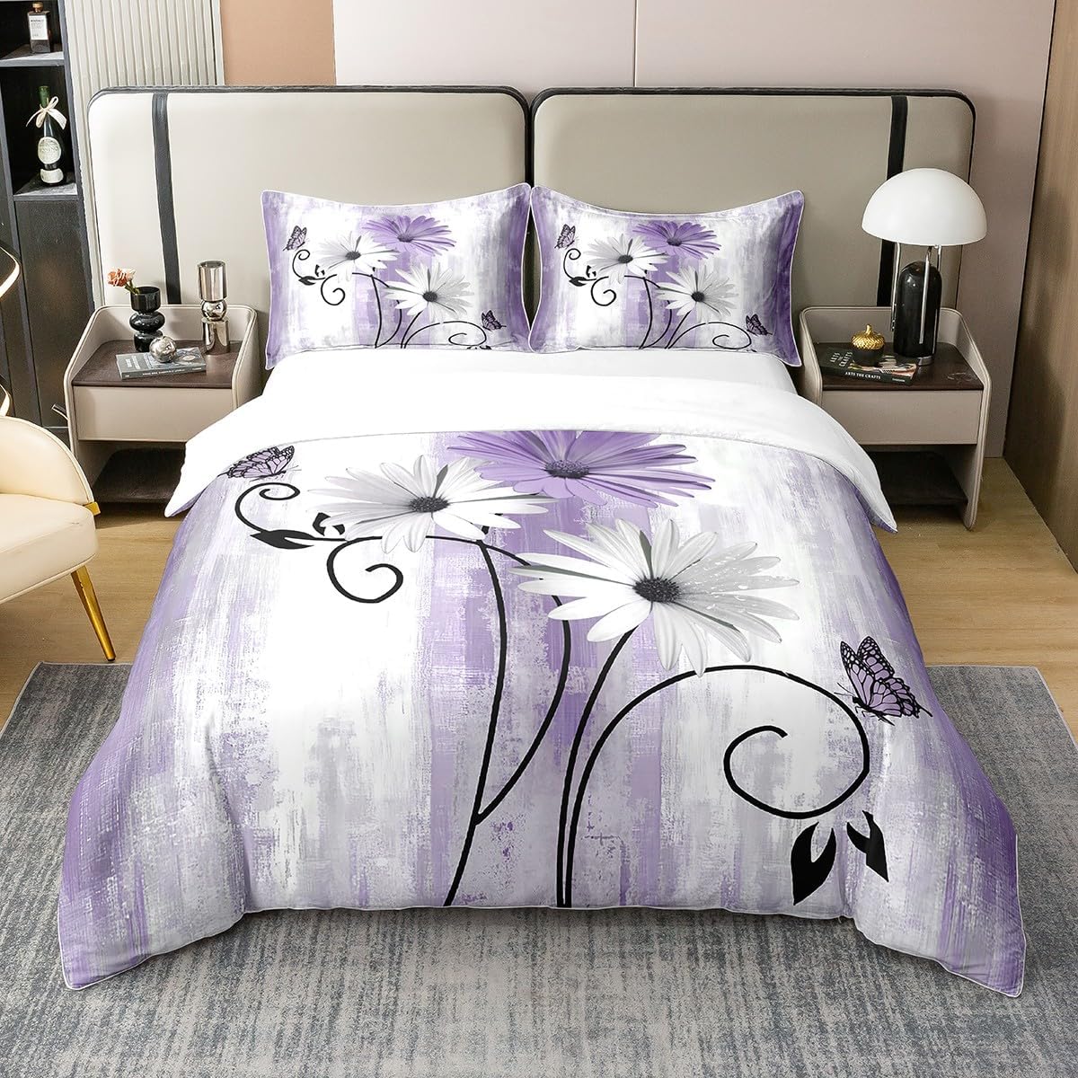 100% Organic Cotton Rustic Flower Duvet Cover Queen,Romantic Purple White Daisy Bedding Set for Kids Girls Youth,Retro Oil Painting Comforter Cover,Cabin Butterfly Bed Sets with 2 Pillowcases