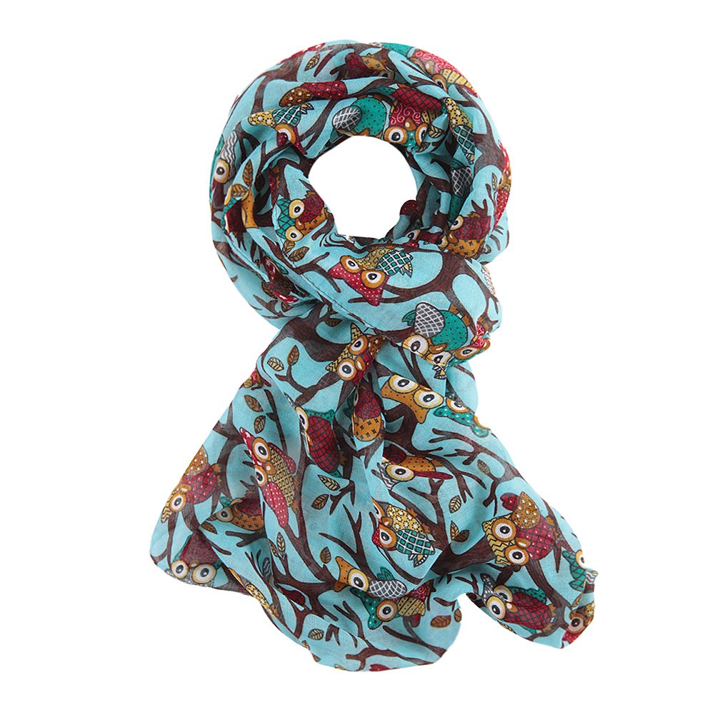 Laemilia Women's Light Blue Lady Chiffon Spring Winter Soft Light Weight Cartoon Owl Sheer Scarf Shawl Wrap (Light Blue)