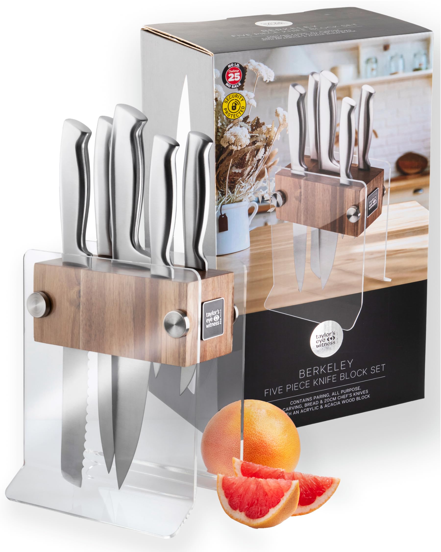 Taylors Eye Witness 6 Piece Knife Block Set – Full Metal Kitchen Knives with Stylish Acacia Wood & Acrylic Storage. Stainless Steel Precision, Durable. Includes Paring, Chef, Bread & Carving Knives