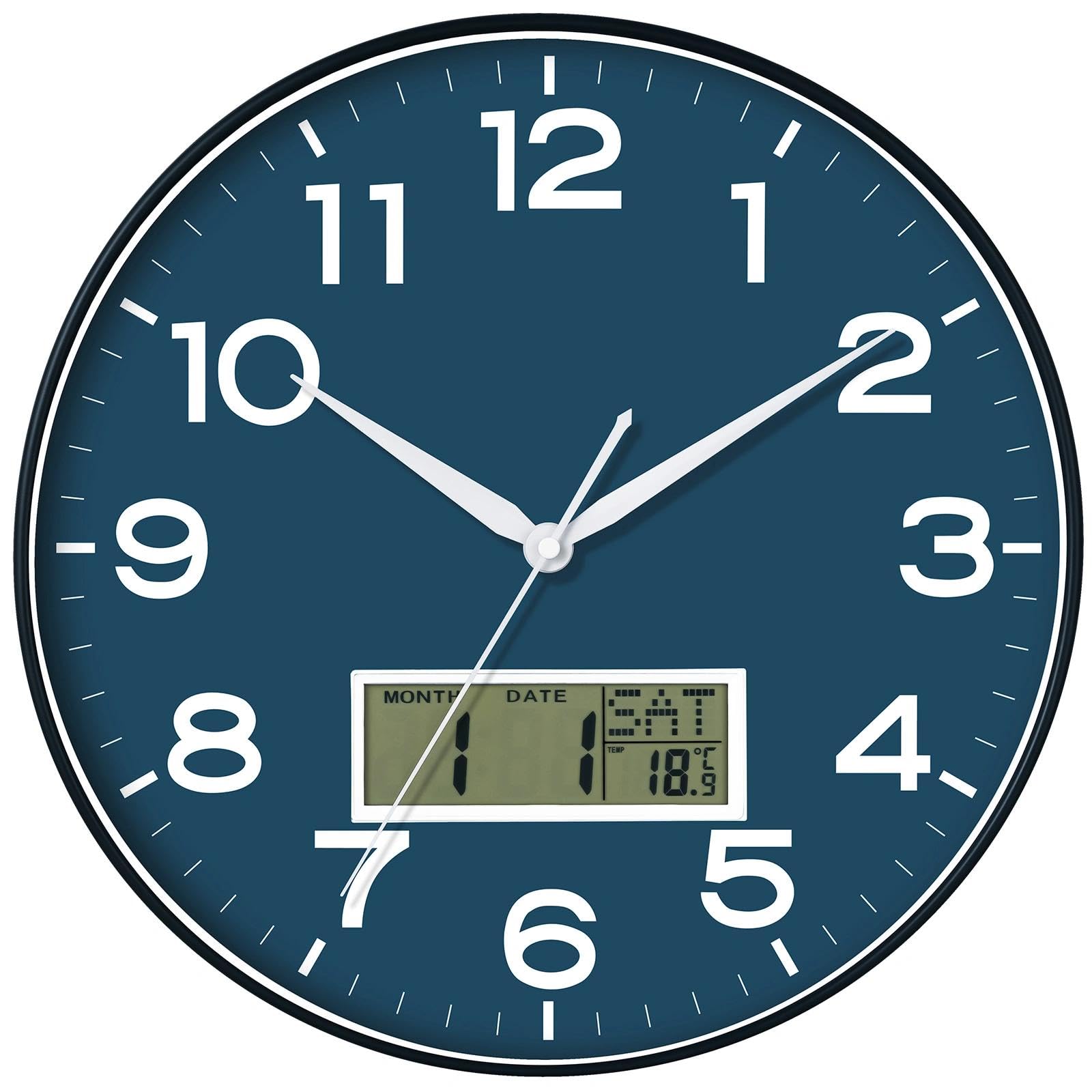 AKCISOT 12 Inch Wall Clock, Silent Battery Operated Analog Clock, Blue