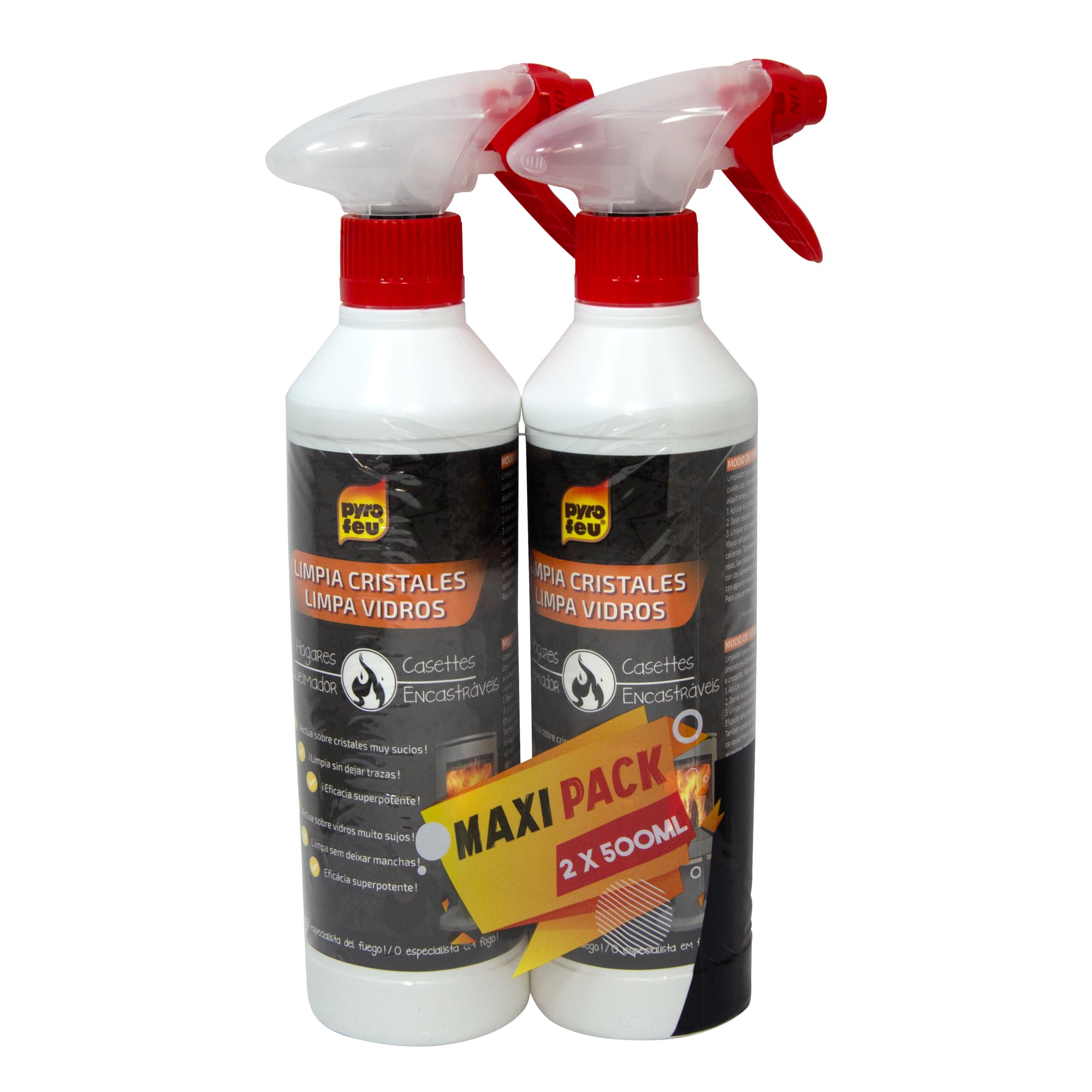 PYRO FEU 24512-12 Pack de 2 Limpiacristales antihollín para cristales de horno y chimeneas 2x500 ml, Blanco y marrón
