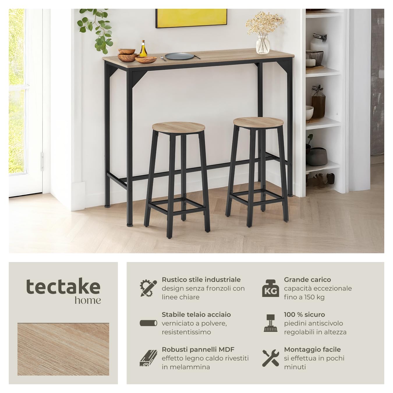 tectake® Tavolo Alto da bar snello, Tavolo stile industriale minimalista, Bancone Bar, supporto in acciaio verniciato, piedi regolabili 120 x 40 x 100,5 cm, Casa e Cucina - Legno Industriale Chiaro