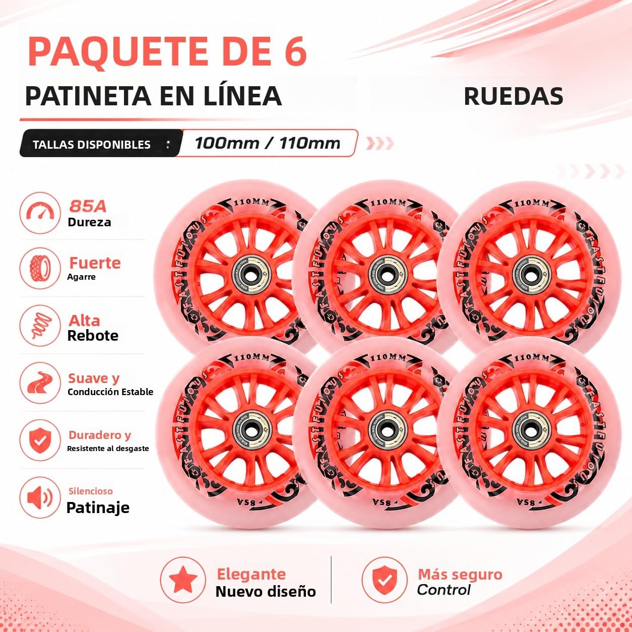 Pack de 6 Ruedas de Repuesto para Patines en Línea, 100 mm 110 mm, Dureza 85A, Ruedas de PU con Rodamientos, Buen Agarre, Resistentes al Desgaste, Silenciosas y Suaves (100MM)