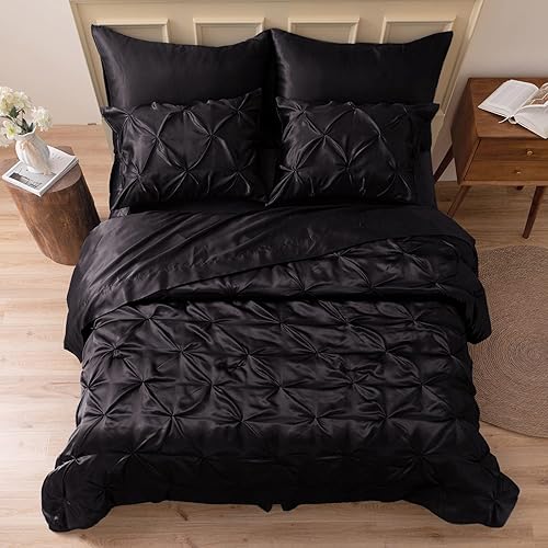 MR&HM Satin Comforter Queen 7 Pieces - Luxurious Pinch Pleat Bedding Set with Comforter, Flat Sheet, Fitted Sheet, Pillowcases & Shams, Super Silky Soft Bed Set for All Season (Queen, Black) - 01 - Black - Queen