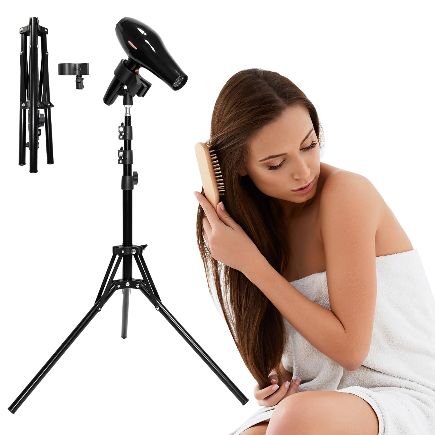 SLIPEXSAFE Hands Free Hair Dryer Stand Holder with 180 Deg Rotation - Adjustable Blow Dryer Stand with Universal Non-Slip Clip & Sturdy Tripod Base for Home Styling, Elderly & Pet